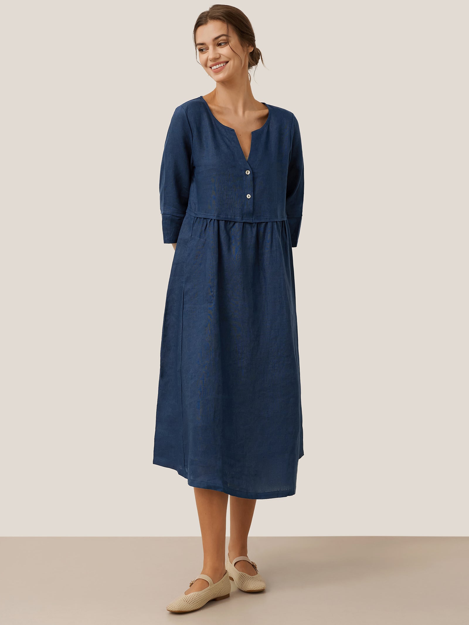 % Linen Loose Fit Button Waist Gathered Midi Dress LUNA