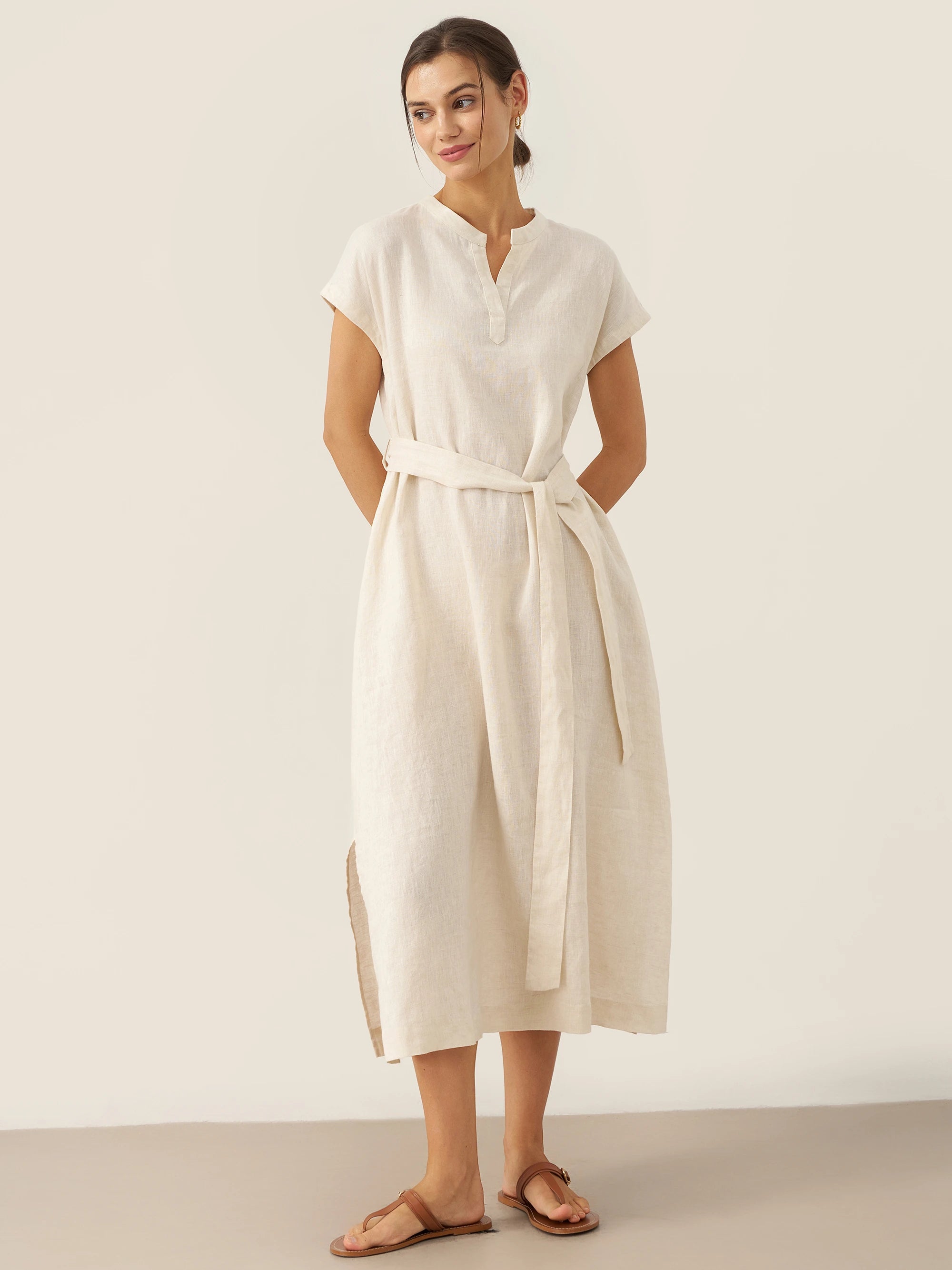 % Linen Mandarin Collar Maxi Dress with Detachable Belt MARGARET