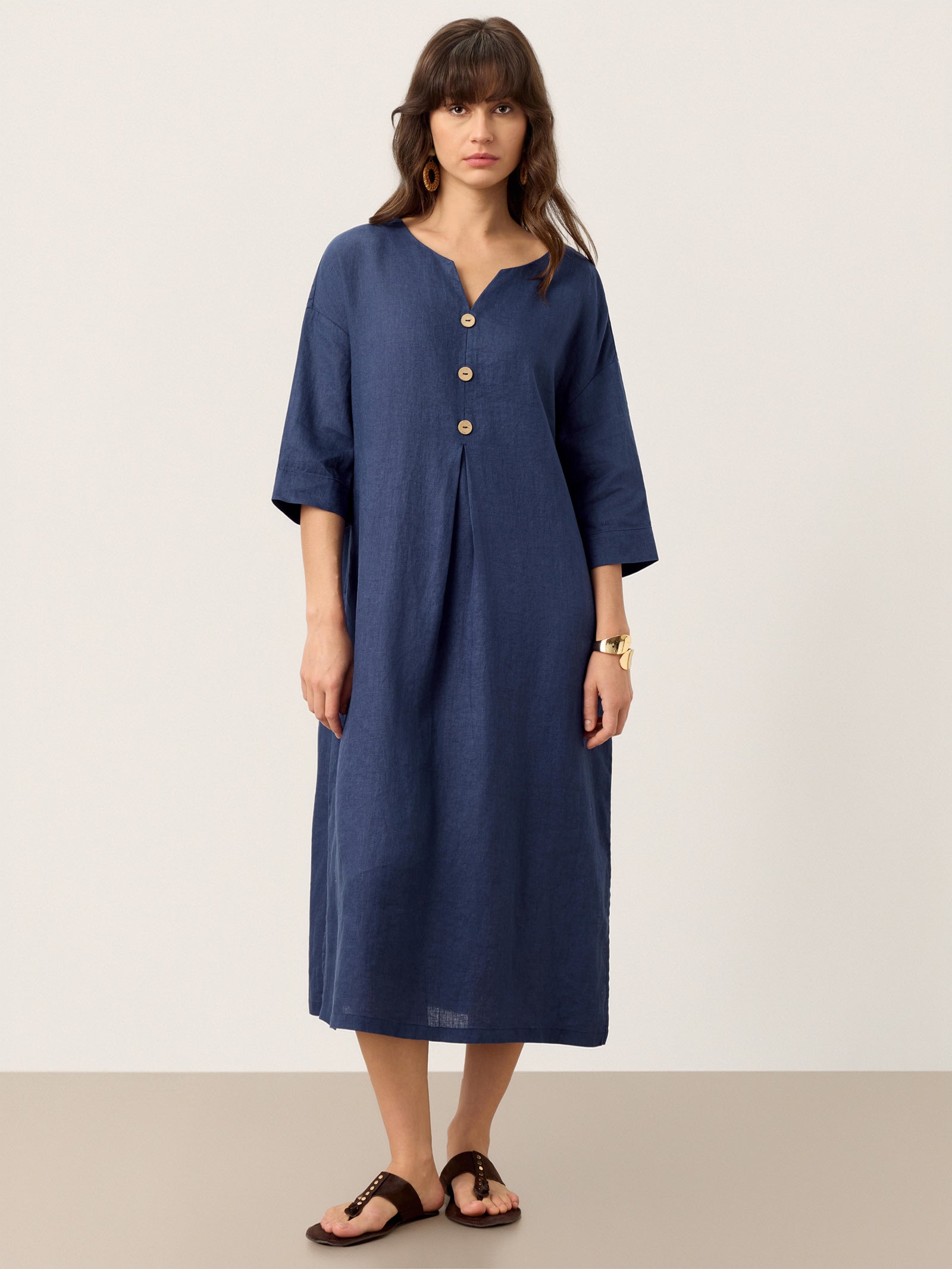 % Linen Notch Neck Inverted Pleat Maxi Dress MATILDE