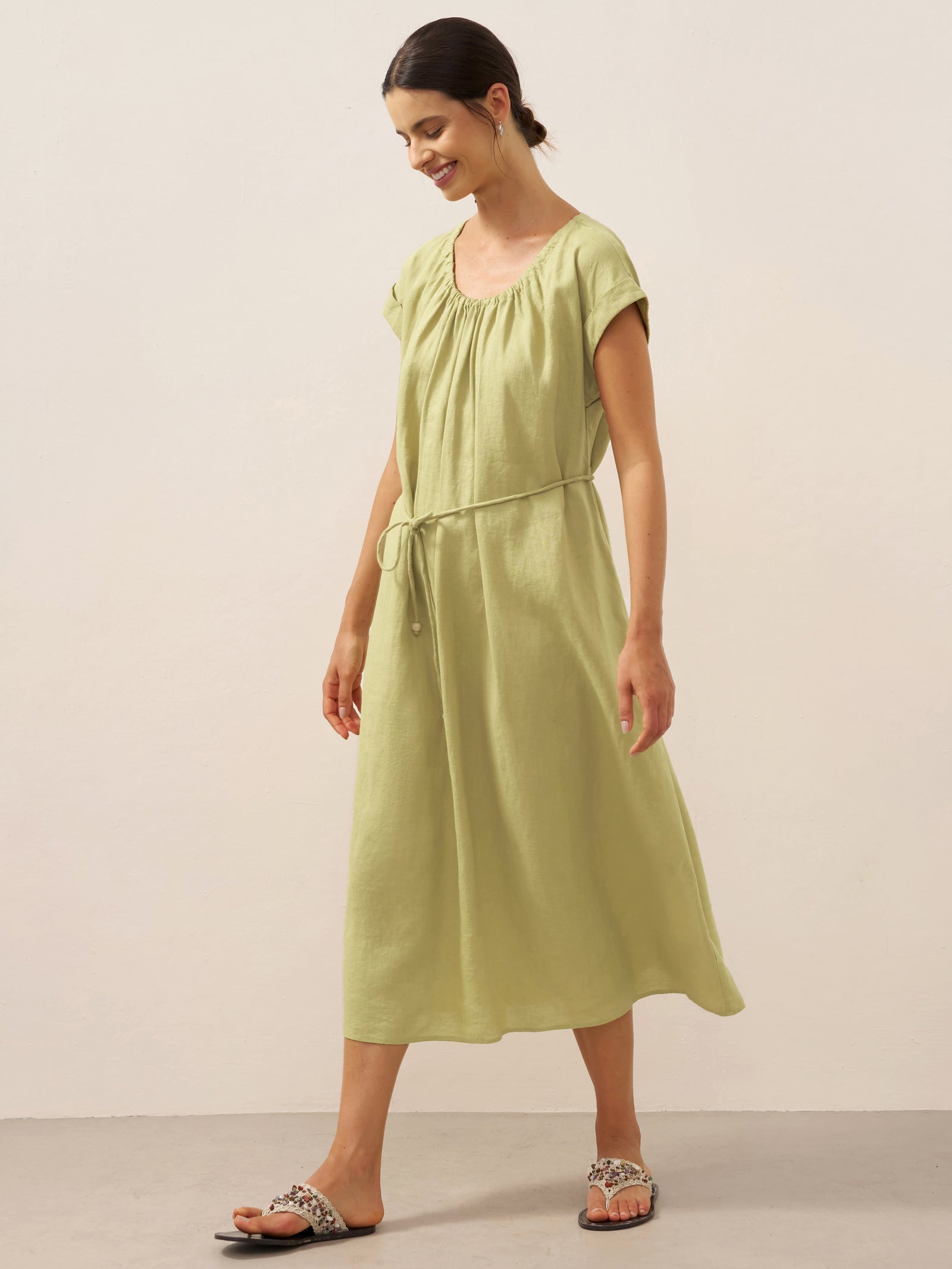 % Linen Pleated Crew Neck Maxi Dress with Detachable Tie Straps MIRA