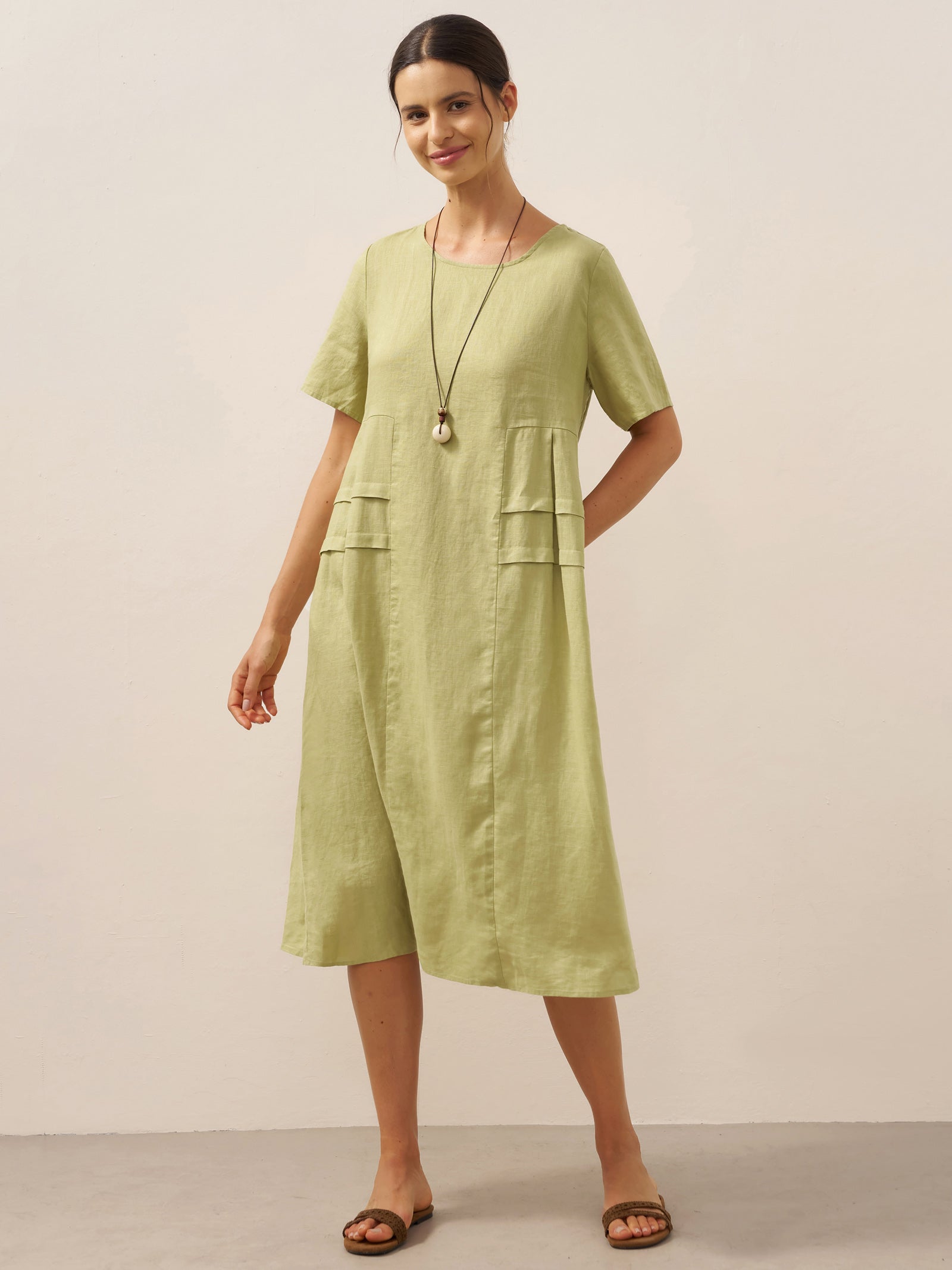 % Linen Pleated Crew Neck Midi Dress MILA