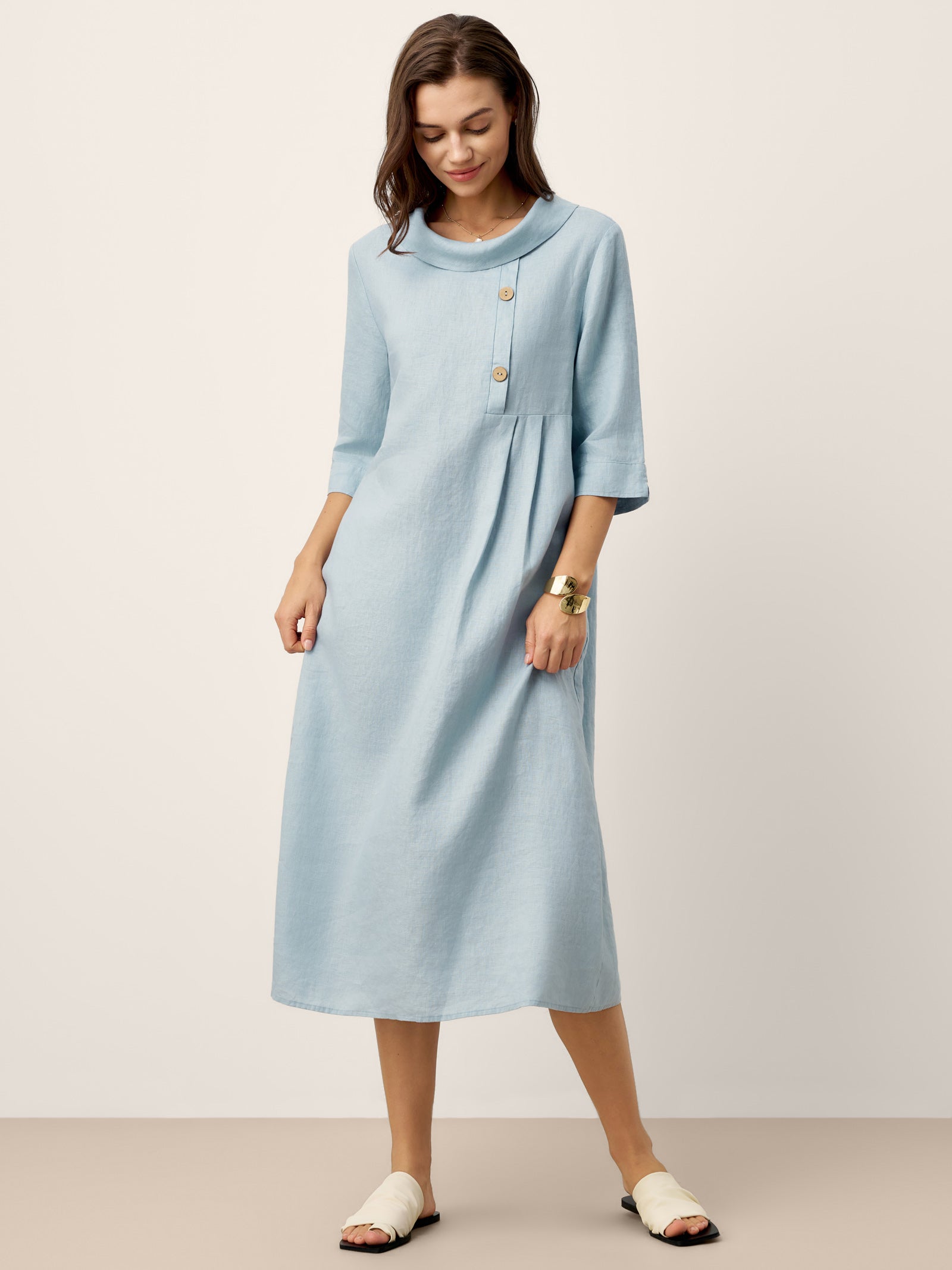 % Linen Rolled Collar Asymmetric Button Maxi Dress ELARAINE