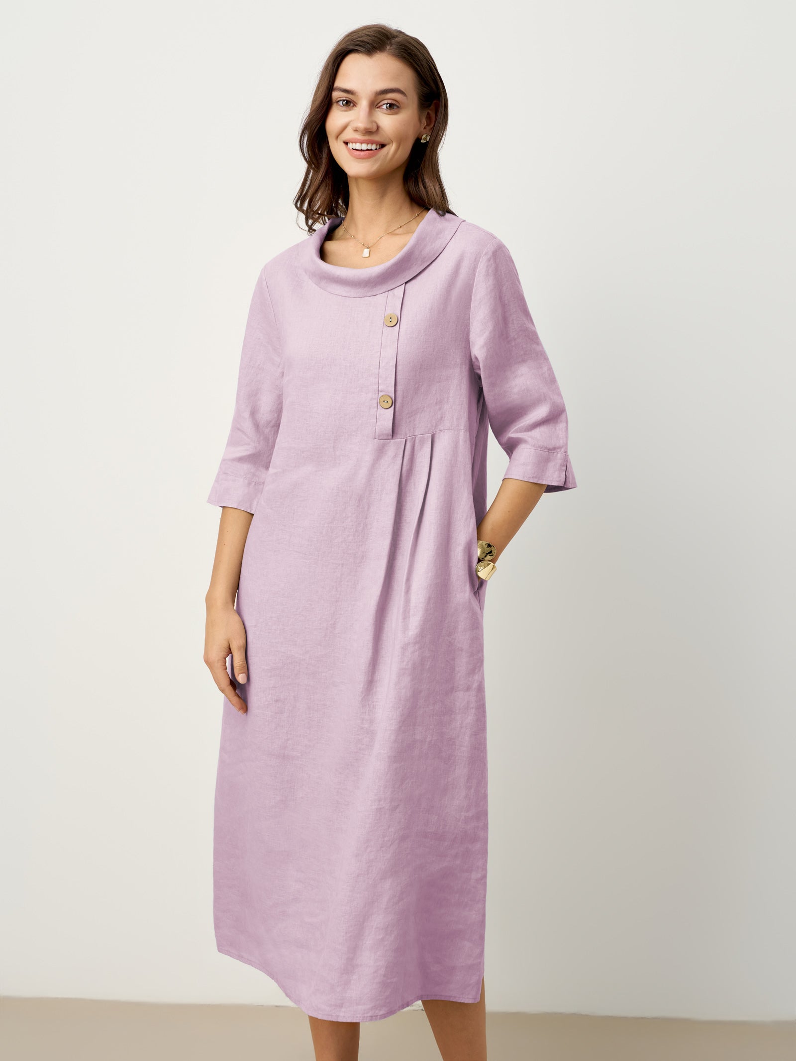% Linen Rolled Collar Asymmetric Button Maxi Dress ELARAINE