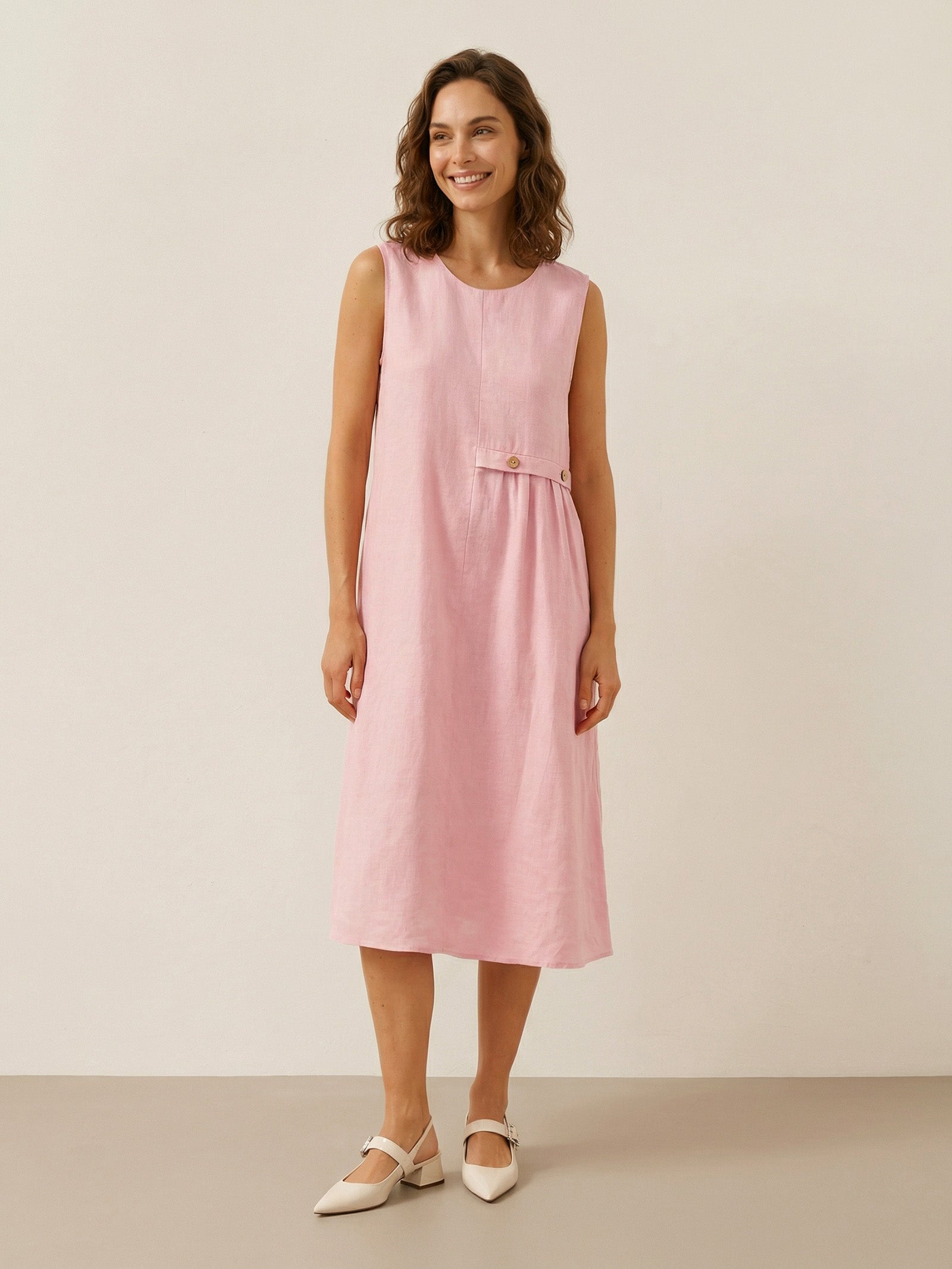 % Linen Sleeveless Accordion Pleat Midi Dress TINA