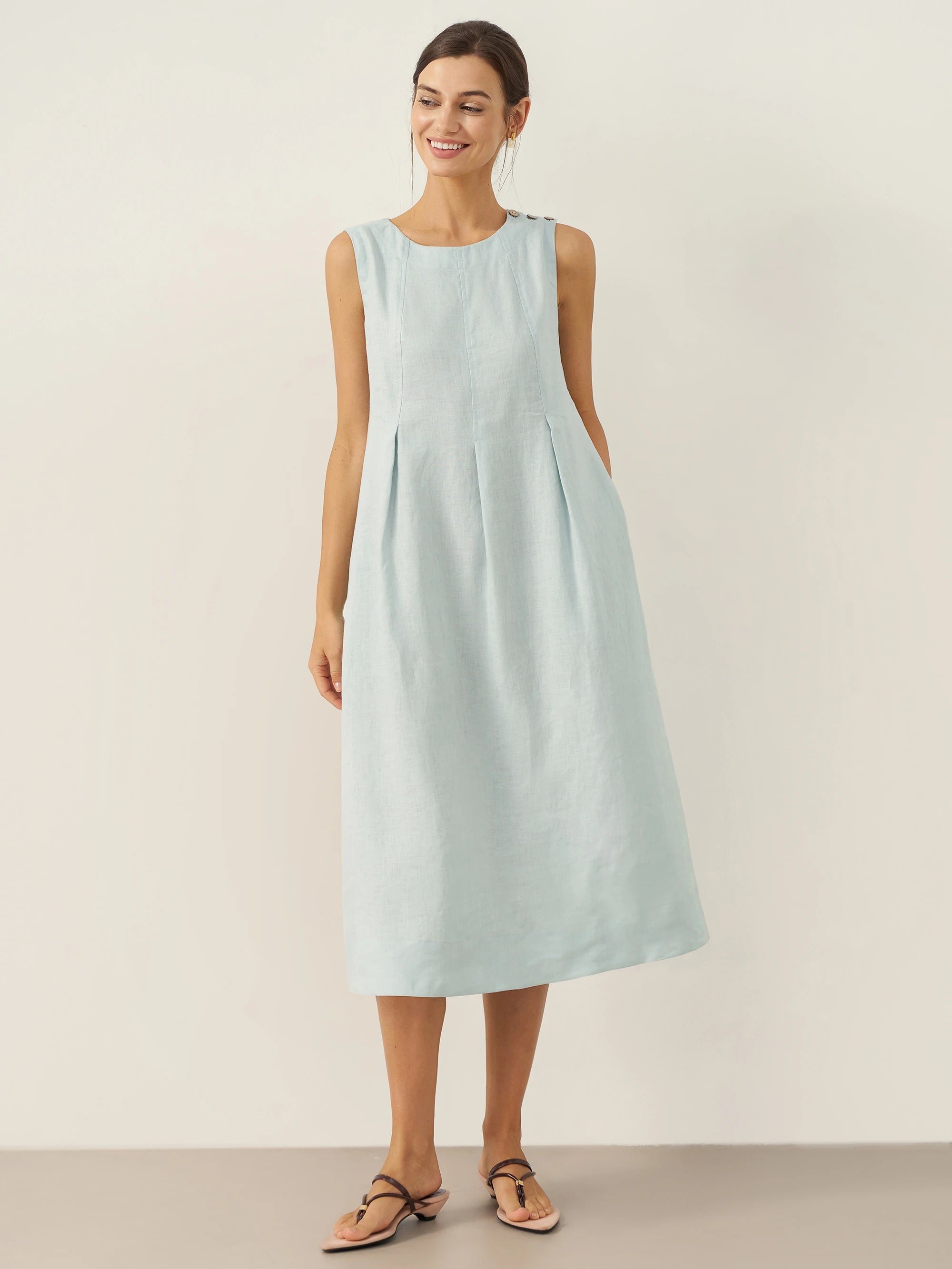 % Linen Sleeveless Shoulder Button Midi Dress FREYA