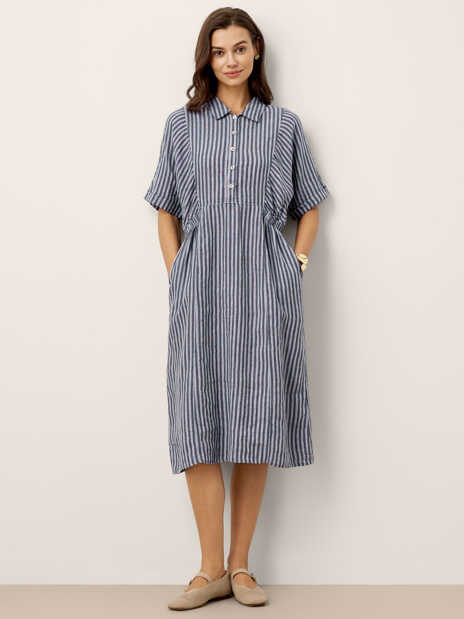 % Linen Striped Buttoned Front Short Sleeve Midi Shirt Dress CASSANDRA