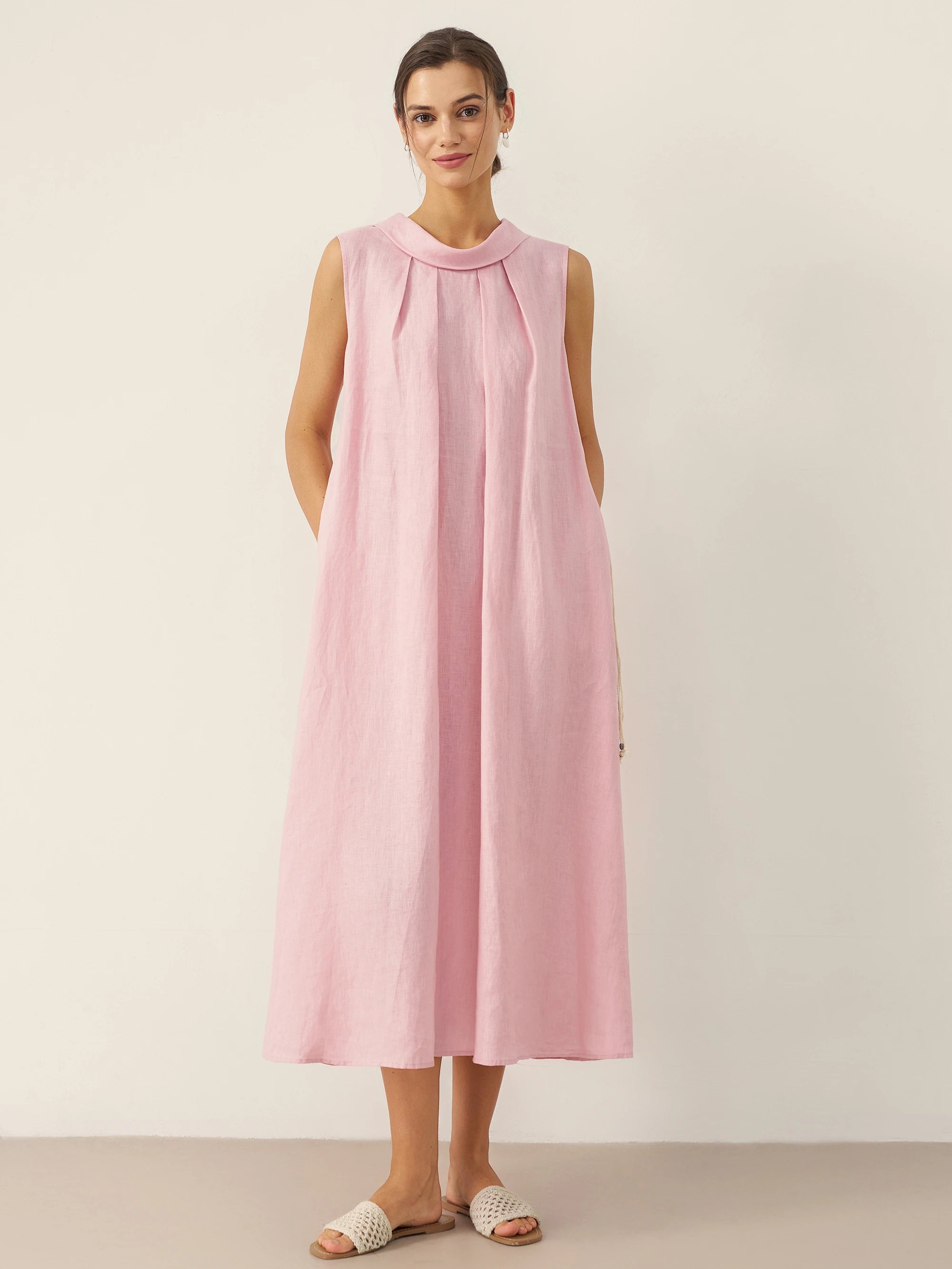 % Linen Structured Collar Sleeveless Maxi Dress with Belt OPAL