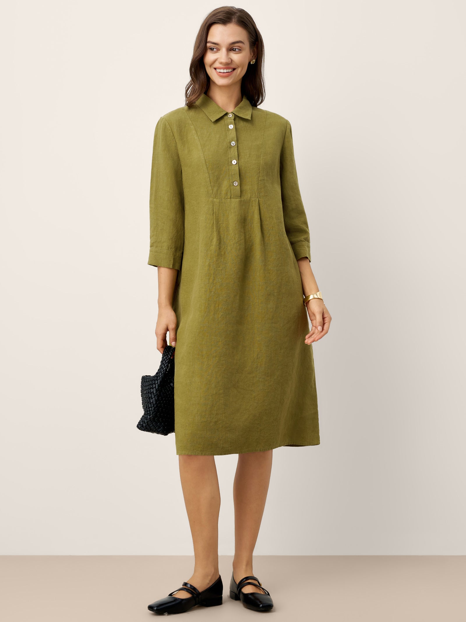 % Linen Tailored Lapel Sleeve Midi Shirt Dress MERCEDES