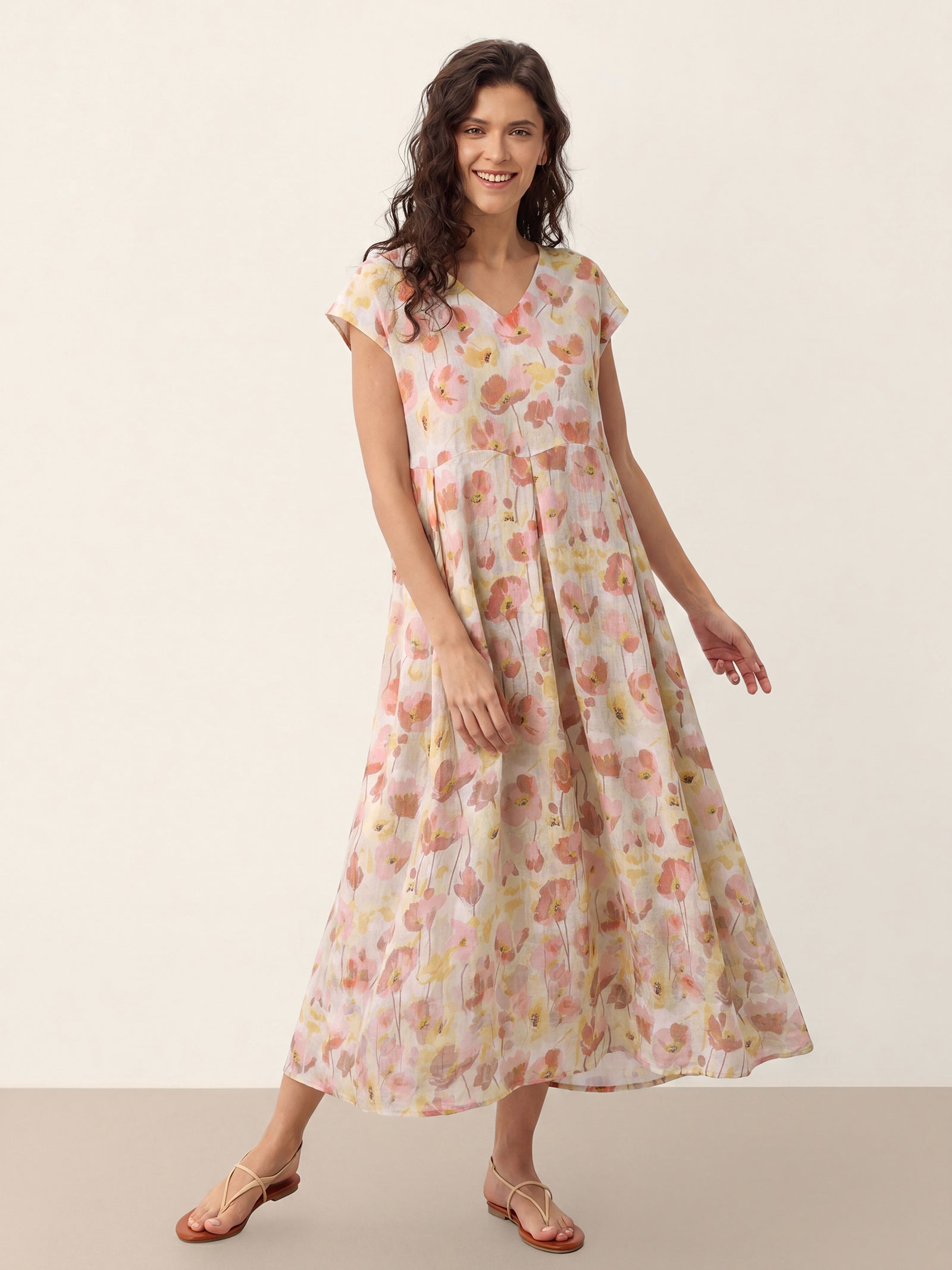 % Linen Carnation Print Scalloped Waist Maxi Dress HARRIET