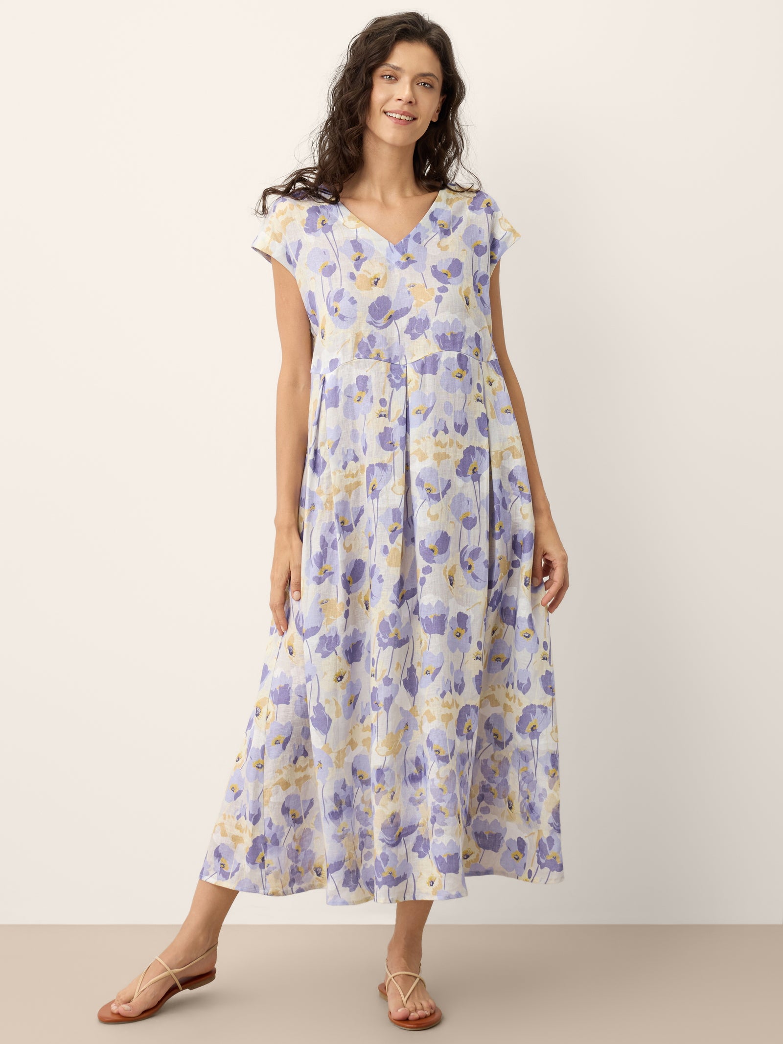 % Linen Carnation Print Scalloped Waist Maxi Dress HARRIET