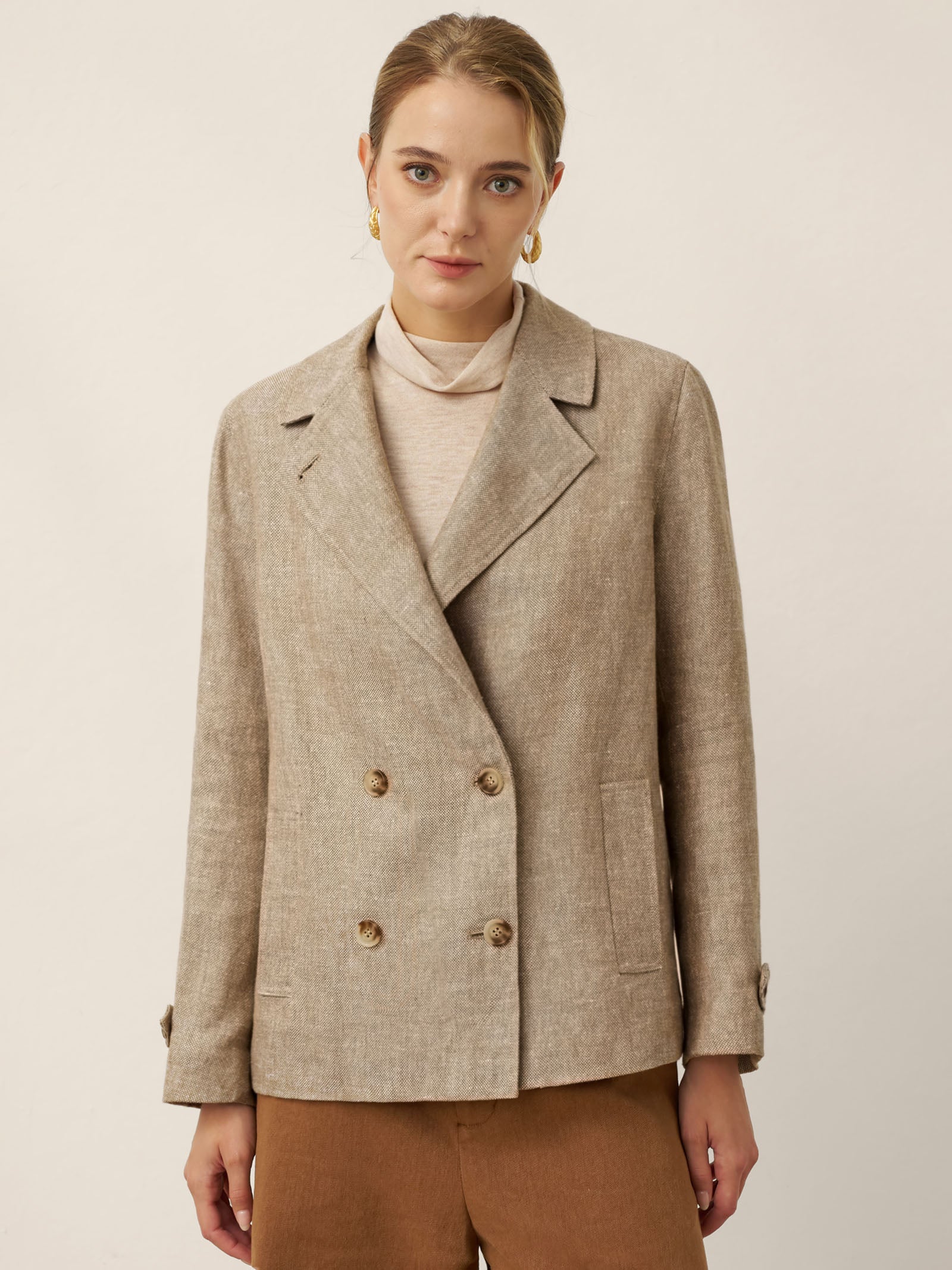 % Linen Convertible Stand Collar Double Breasted Blazer Jacket NAOMI