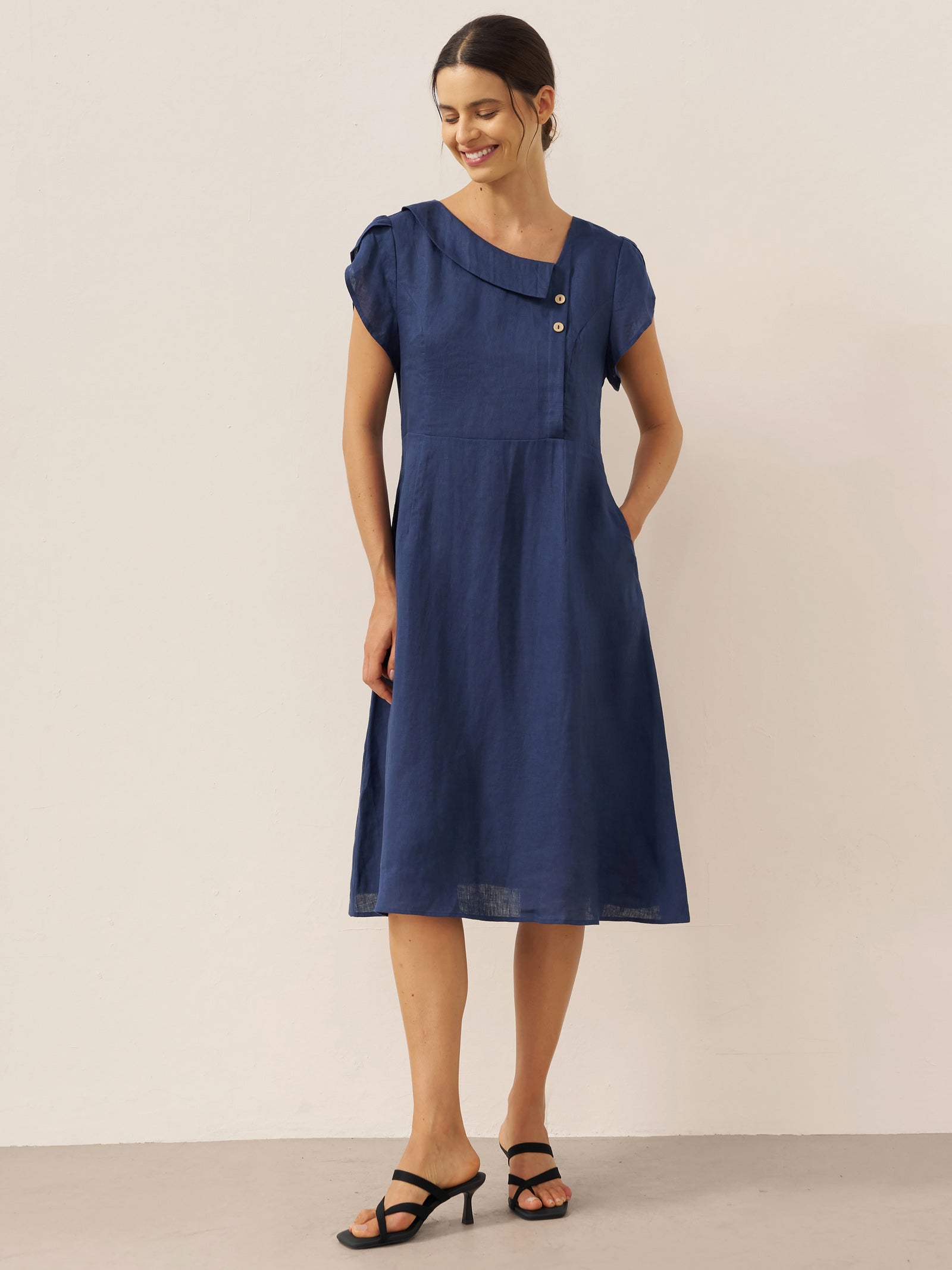 % Linen Crescent Collar Flutter Sleeve Midi Dress FIONA