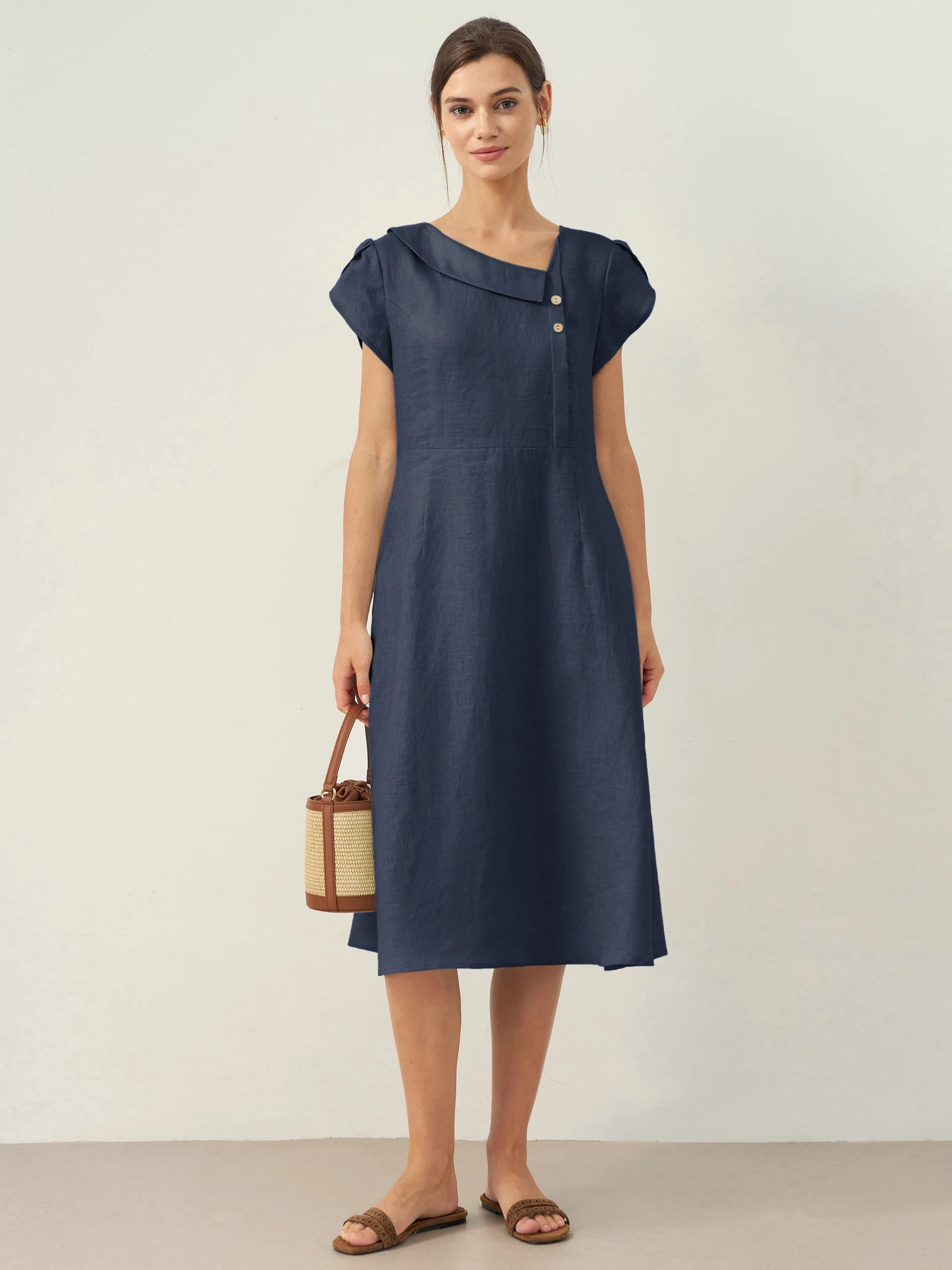 % Linen Crescent Collar Flutter Sleeve Midi Dress FIONA