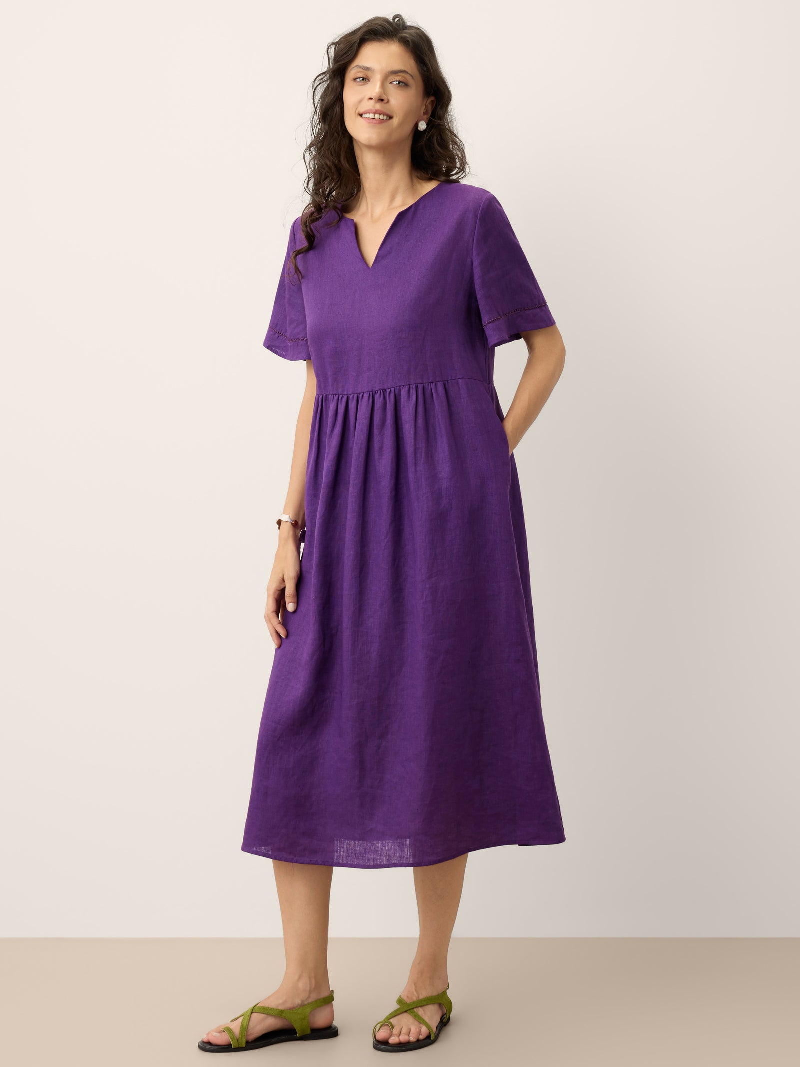 % Linen Embroidered Cuff Split Neck Maxi Dress OCTAVIA