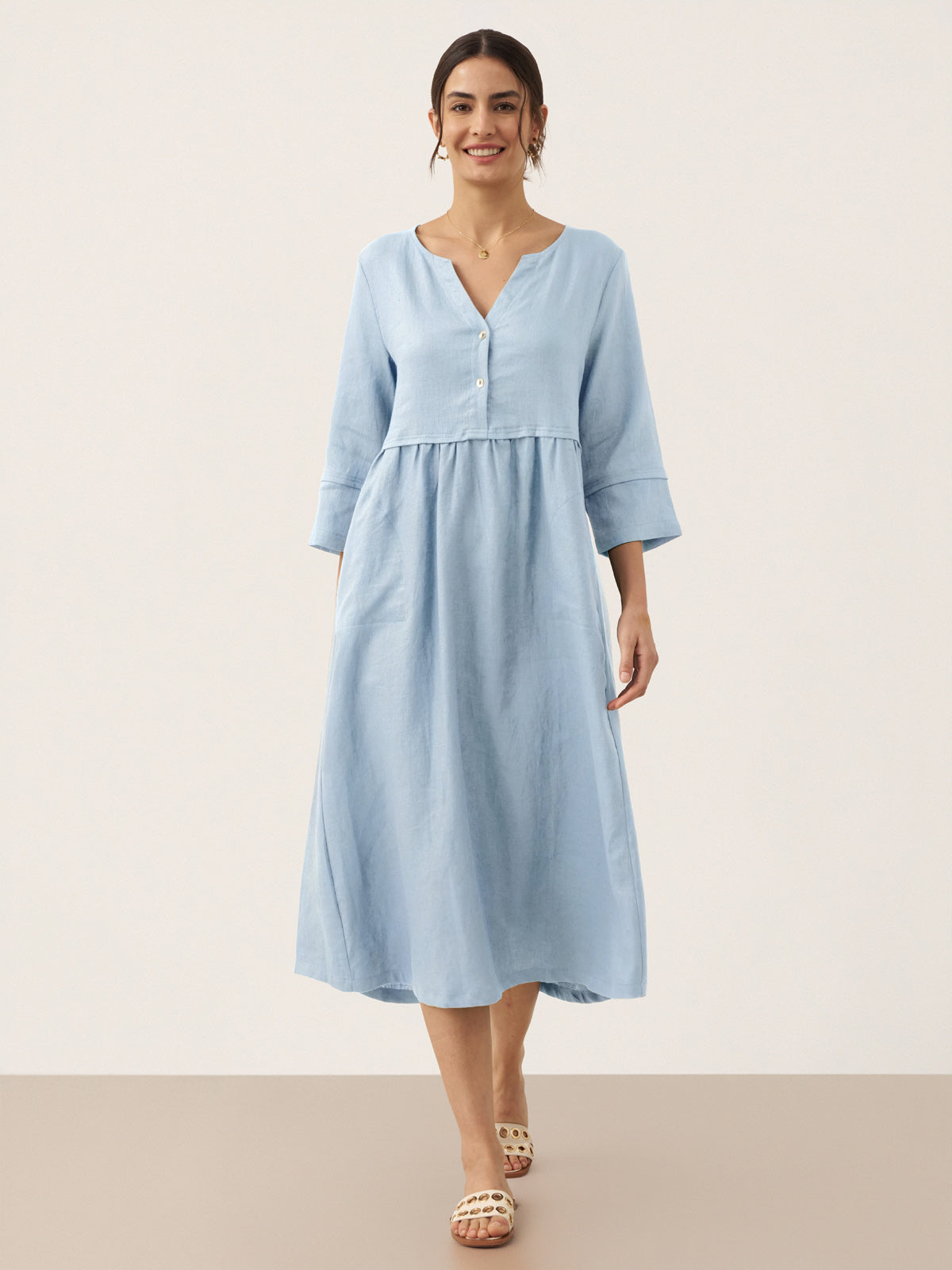 % Linen Loose Fit Button Waist Gathered Maxi Dress LUNA