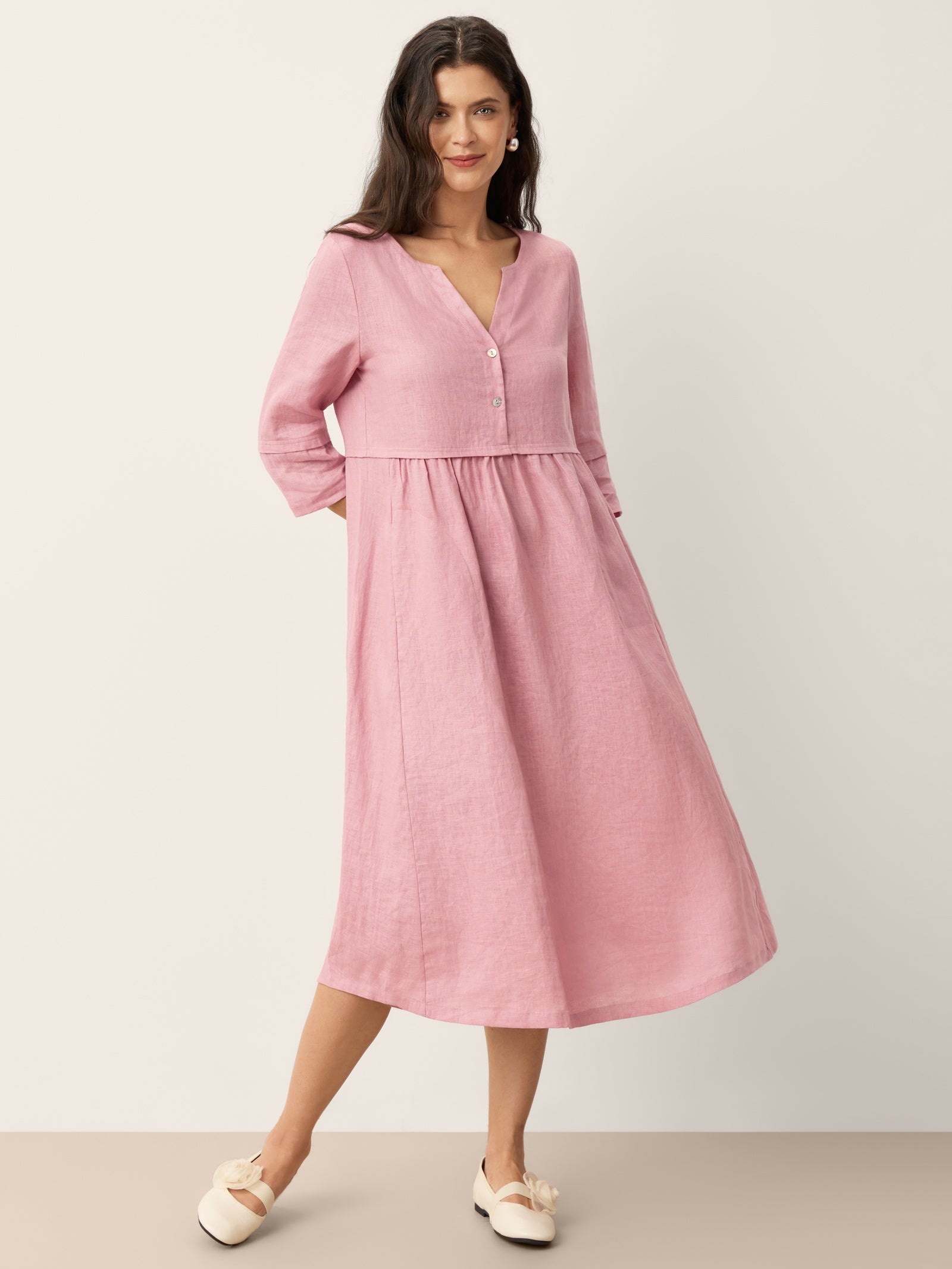 % Linen Loose Fit Button Waist Gathered Midi Dress LUNA