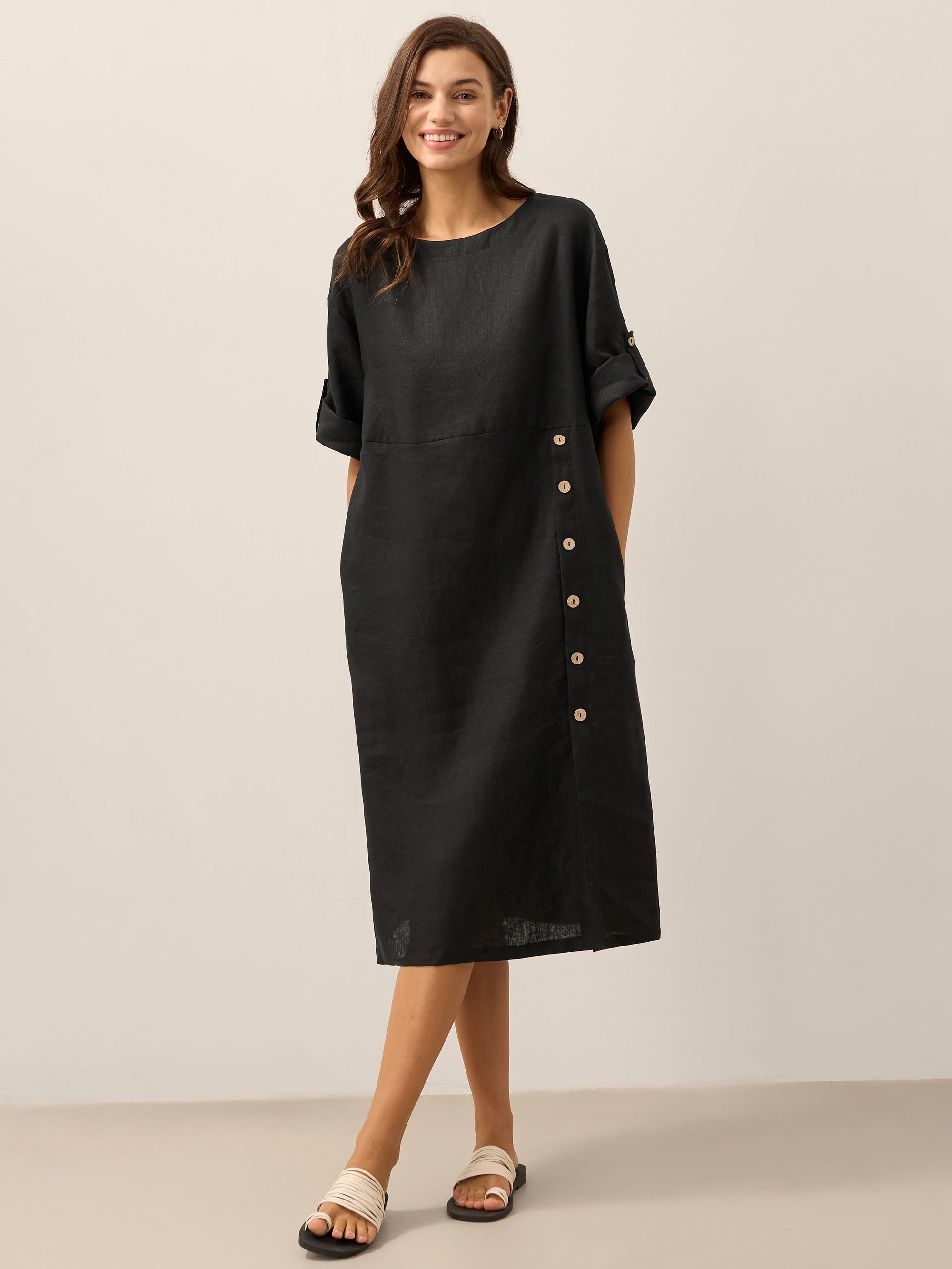 % Linen Round Neck Button Detail Midi Dress JELENA