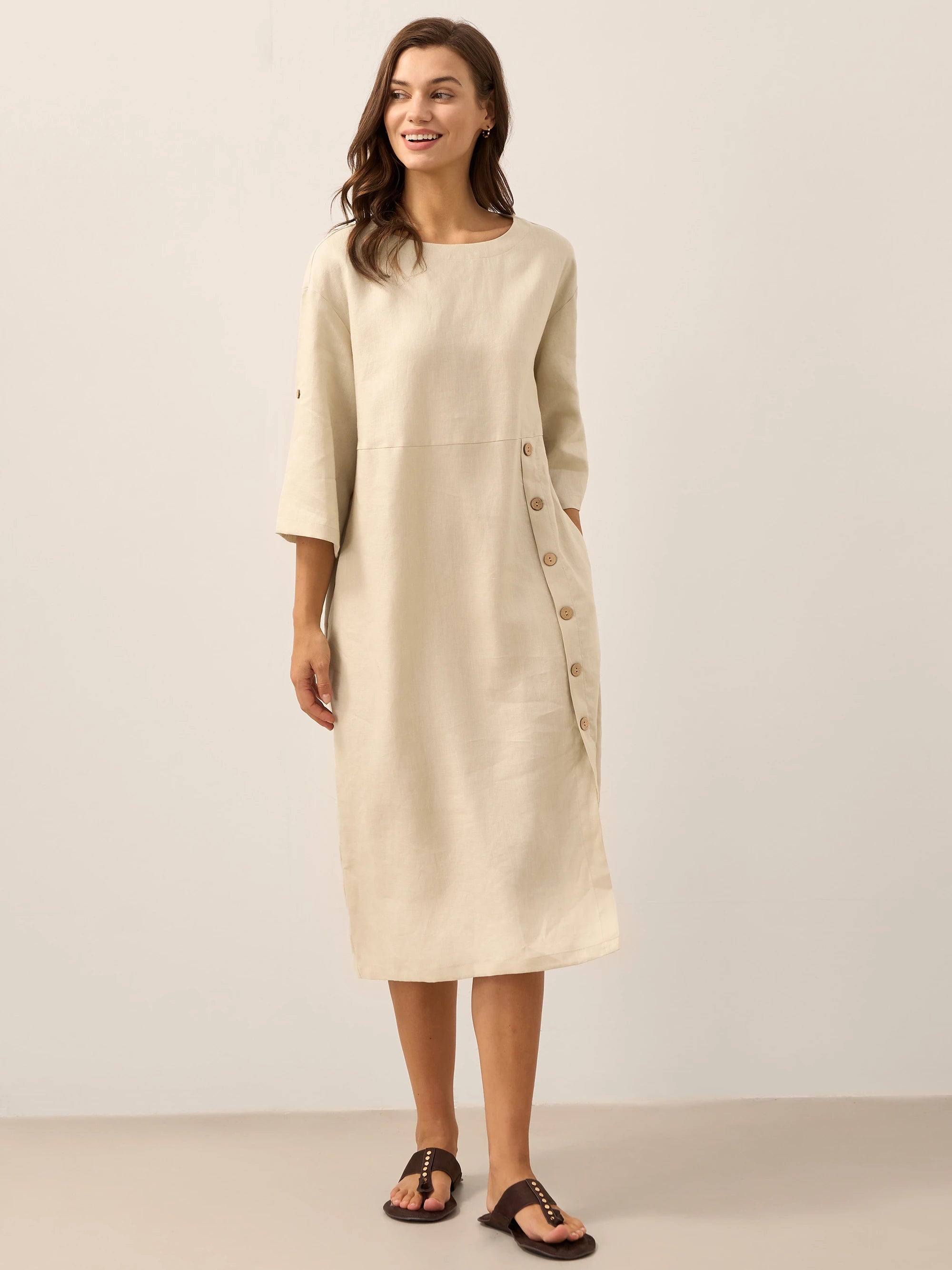 % Linen Round Neck Button Detail Midi Dress JELENA