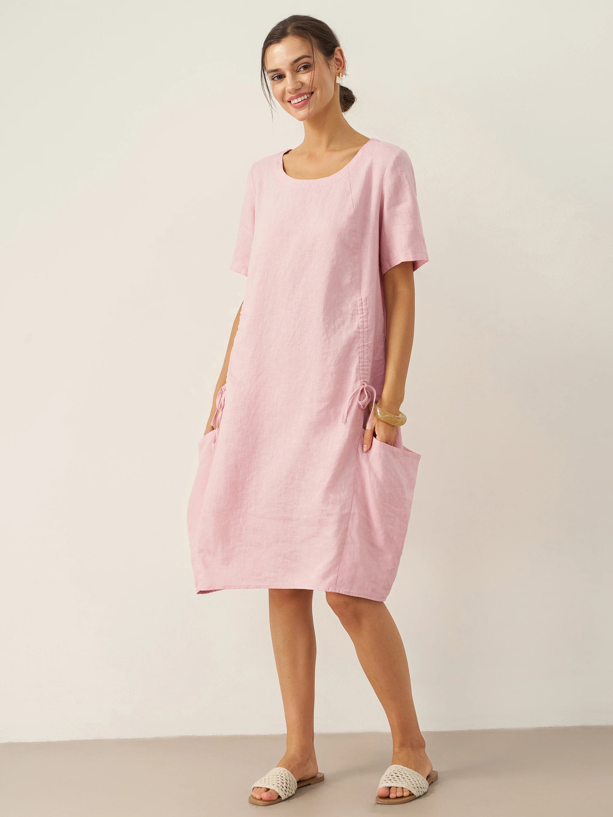 % Linen Round Neck Patch Pocket Midi Dress XENA