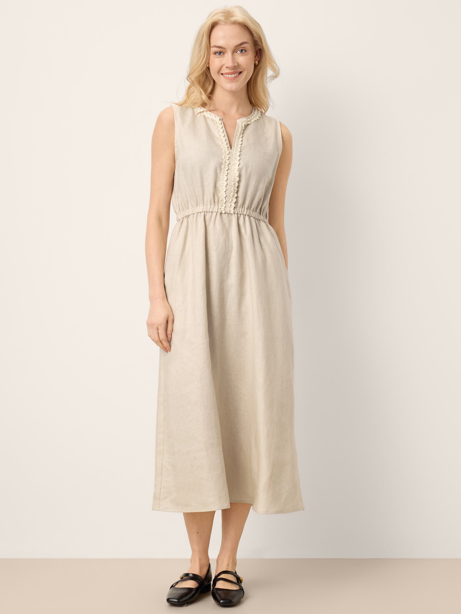 % Linen Ruffle Trim Elasticated Waist Sleeveless Midi Dress LUCINDA