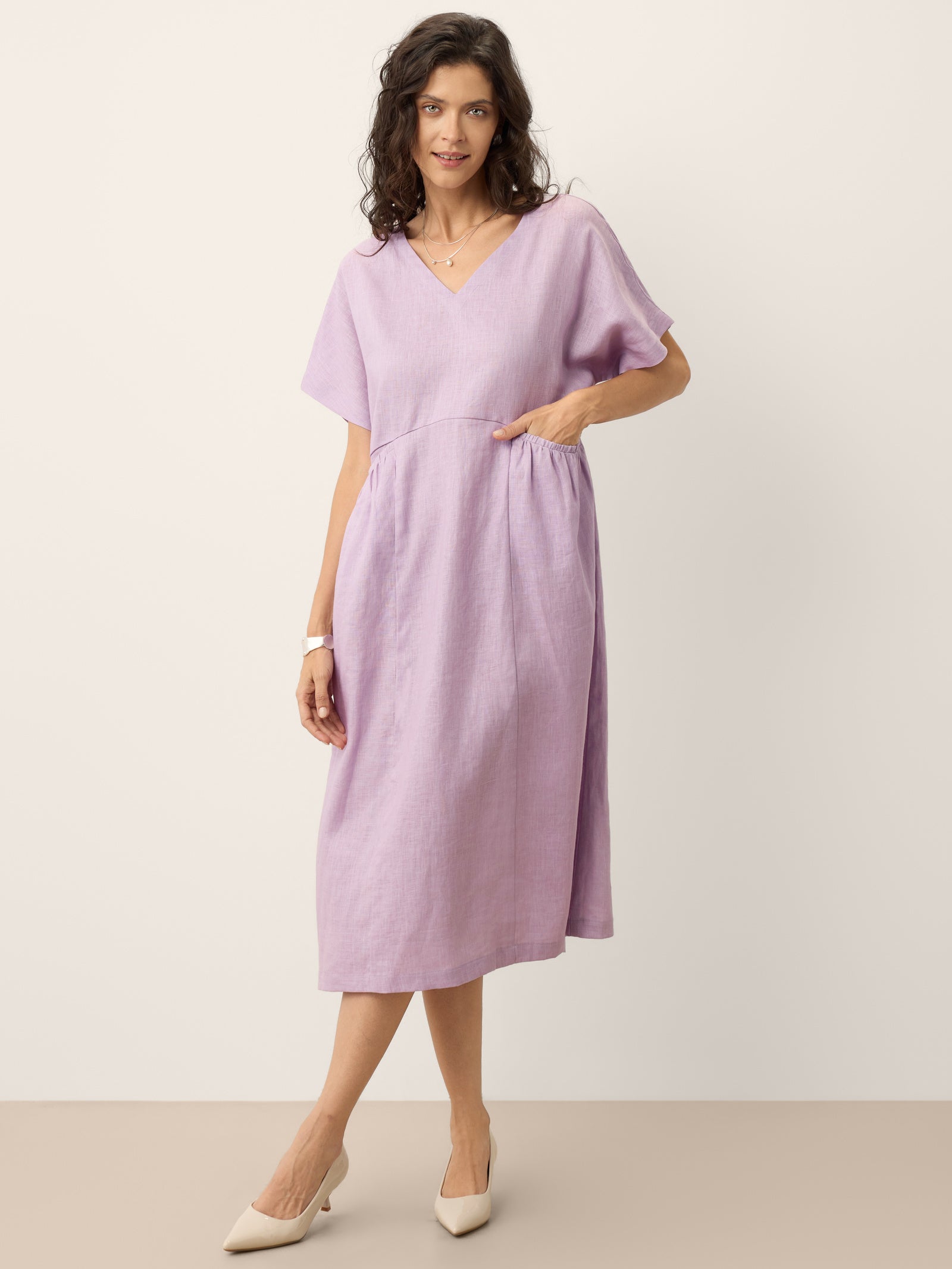 % Linen Sculpted Waist Batwing Midi Dress TIVIA