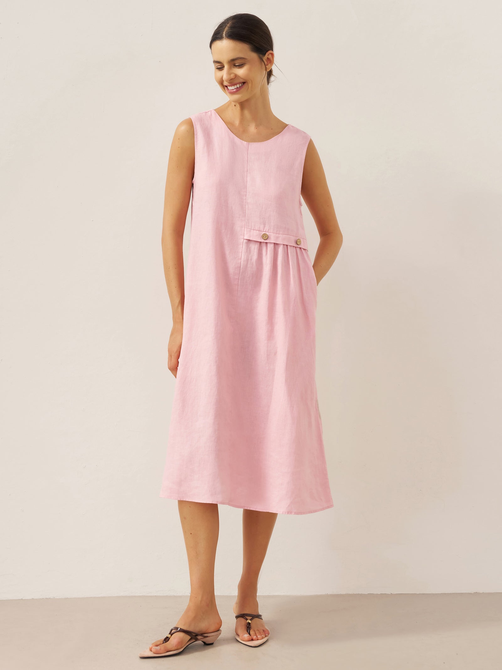 % Linen Sleeveless Accordion Pleat Midi Dress TINA