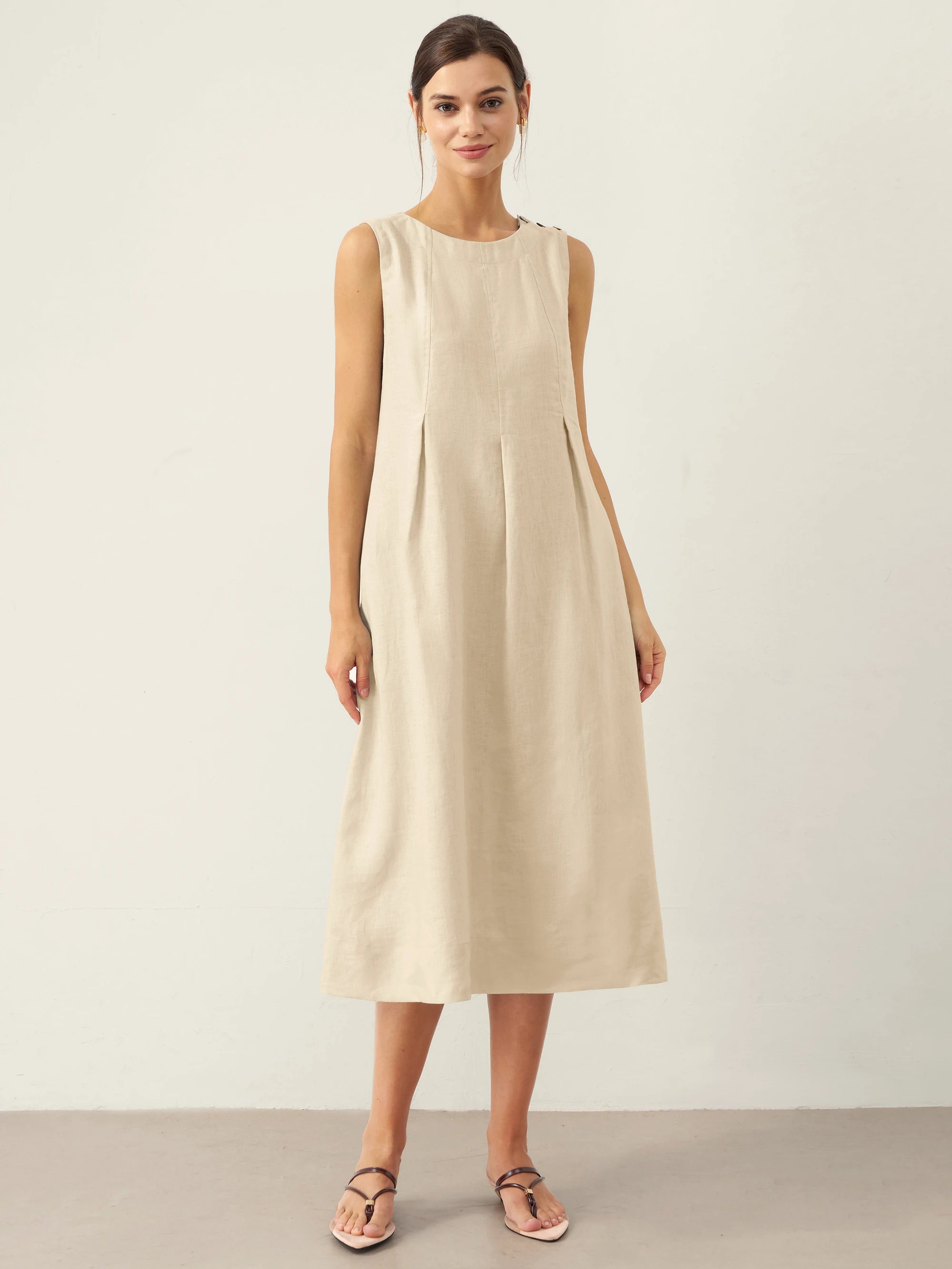 % Linen Sleeveless Shoulder Button Midi Dress FREYA