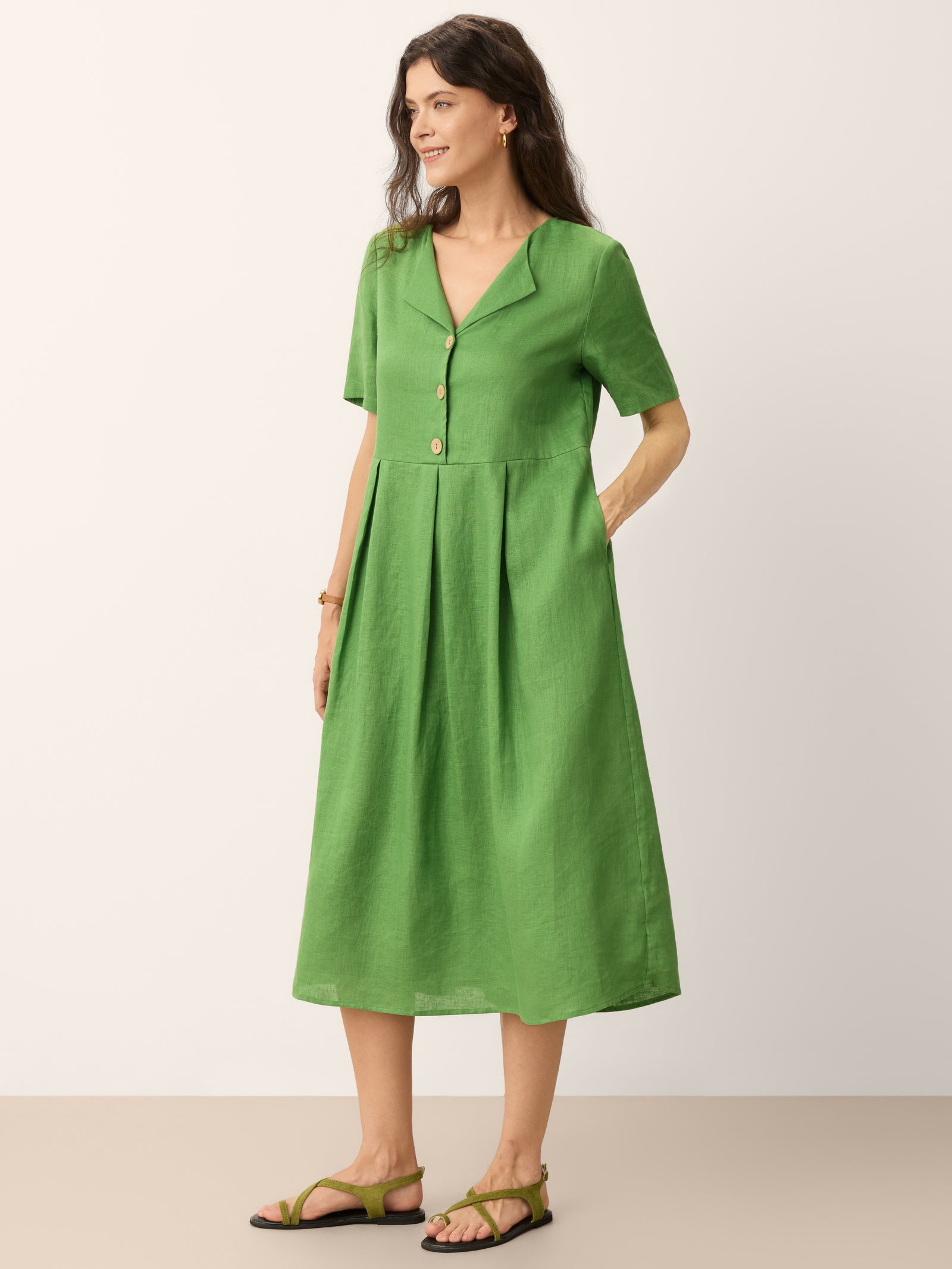 % Linen Split Neck Button Detail Midi Dress SERAPHINE