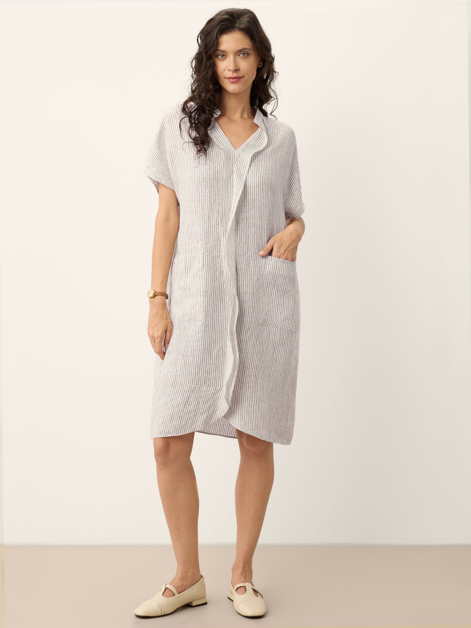 % Linen Striped Ruffle Placket Shirt Dress GLORIA