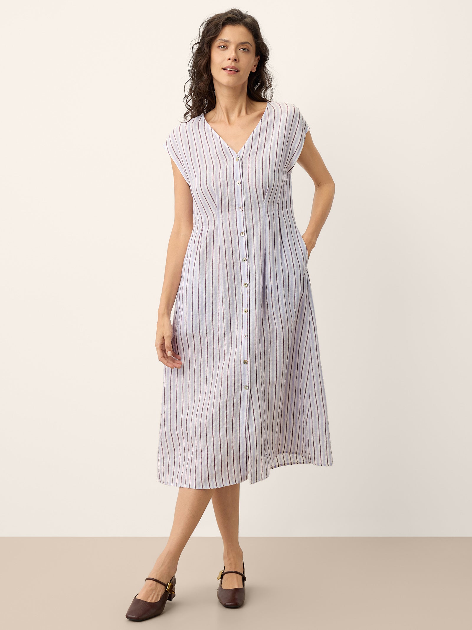 % Linen Striped Tailored Cap Sleeve Maxi Dress AGNES