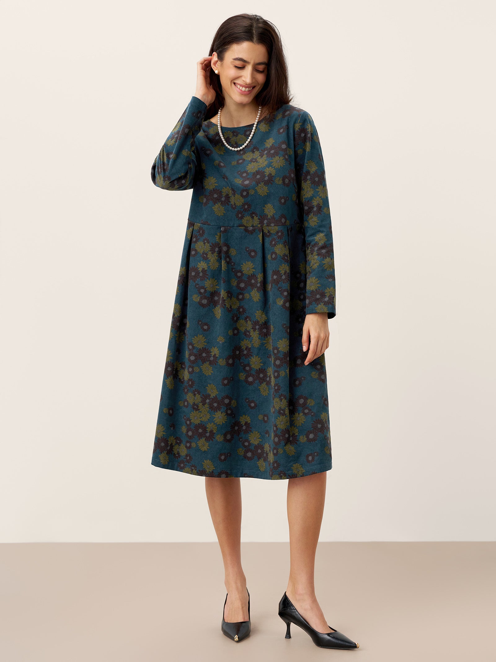 % Organic Cotton Ruched Print Boat Neck Midi Dress CRESSIDA