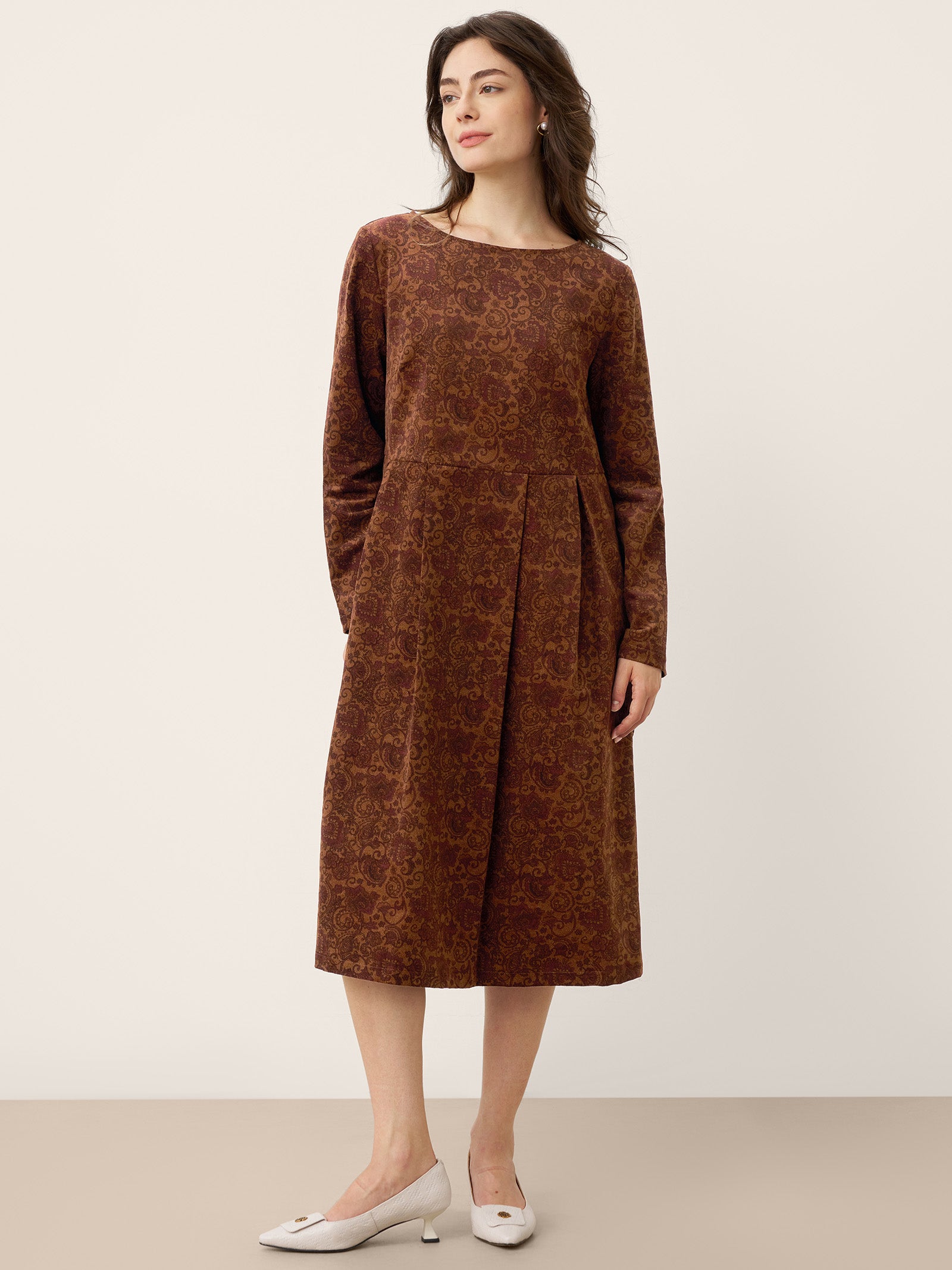 % Organic Cotton Ruched Print Boat Neck Midi Dress CRESSIDA
