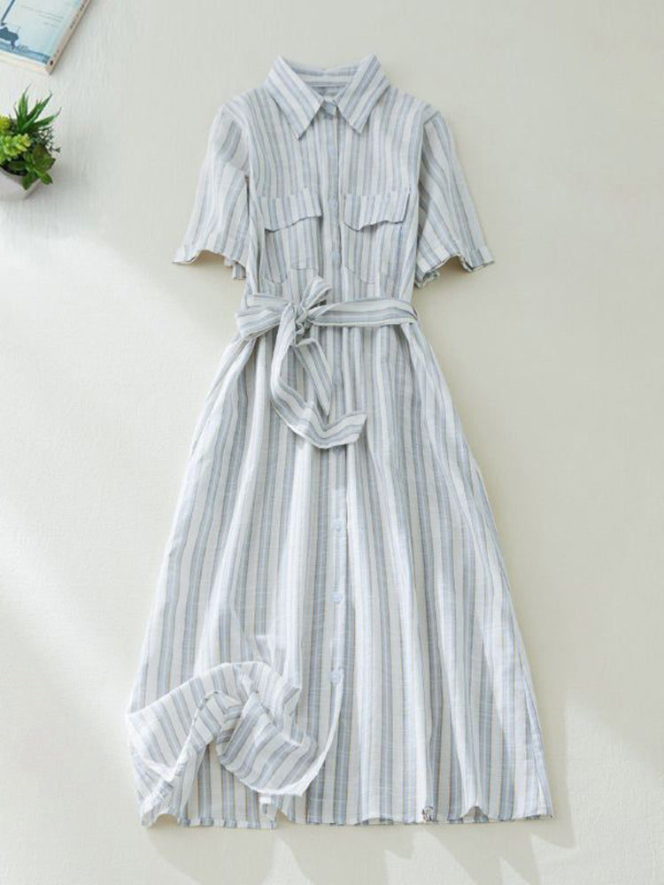 Short Sleeve Vertical Stripe Waist Shirt Dress with Belt - Blue M
