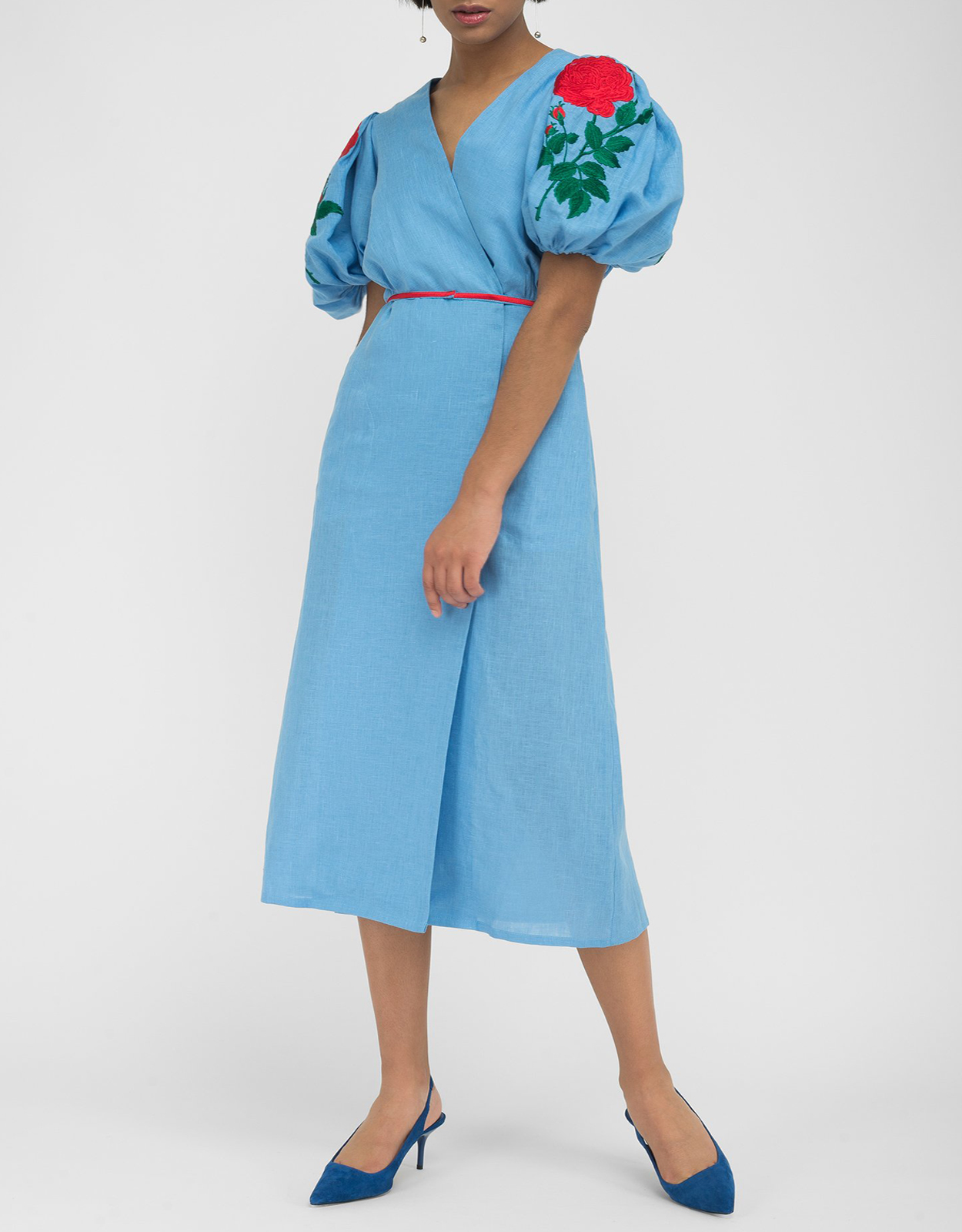 Fanm Mon Kalkan Linen Floral Embroidered Wrap Midi Dress-Lagoon Blue - IT