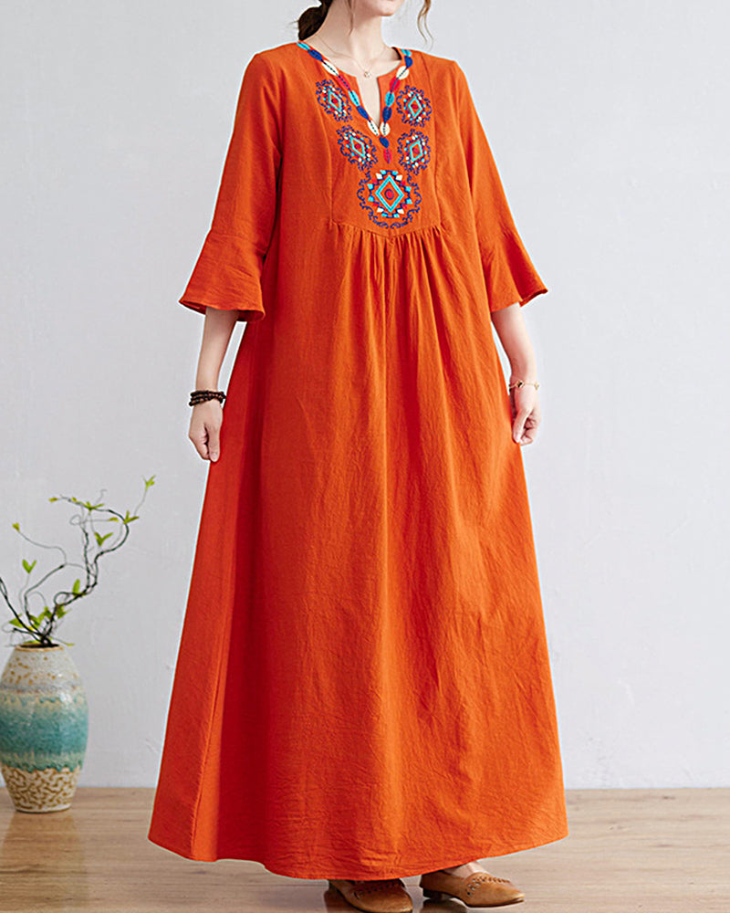 Loose Embroidered Floral Cotton Linen V-Neck Sleeve Dress - Orange