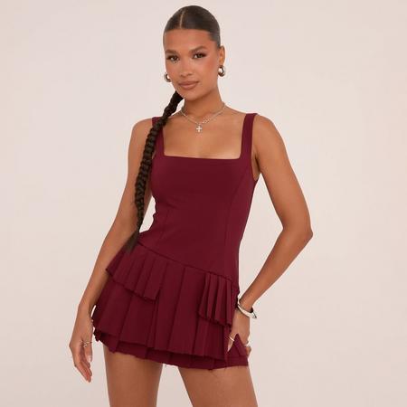 Square Neck Pleated Hem Mini Dress In Burgundy Woven, Women's Size