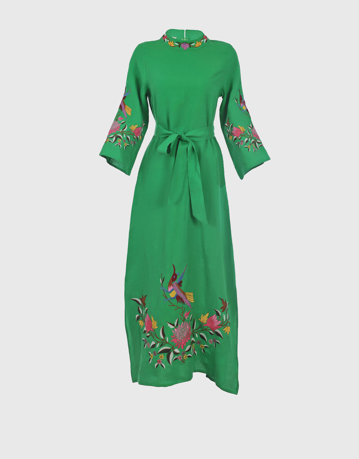 Fanm Mon Asia Linen Floral Embroidery Maxi Dress-Kelly Green - X