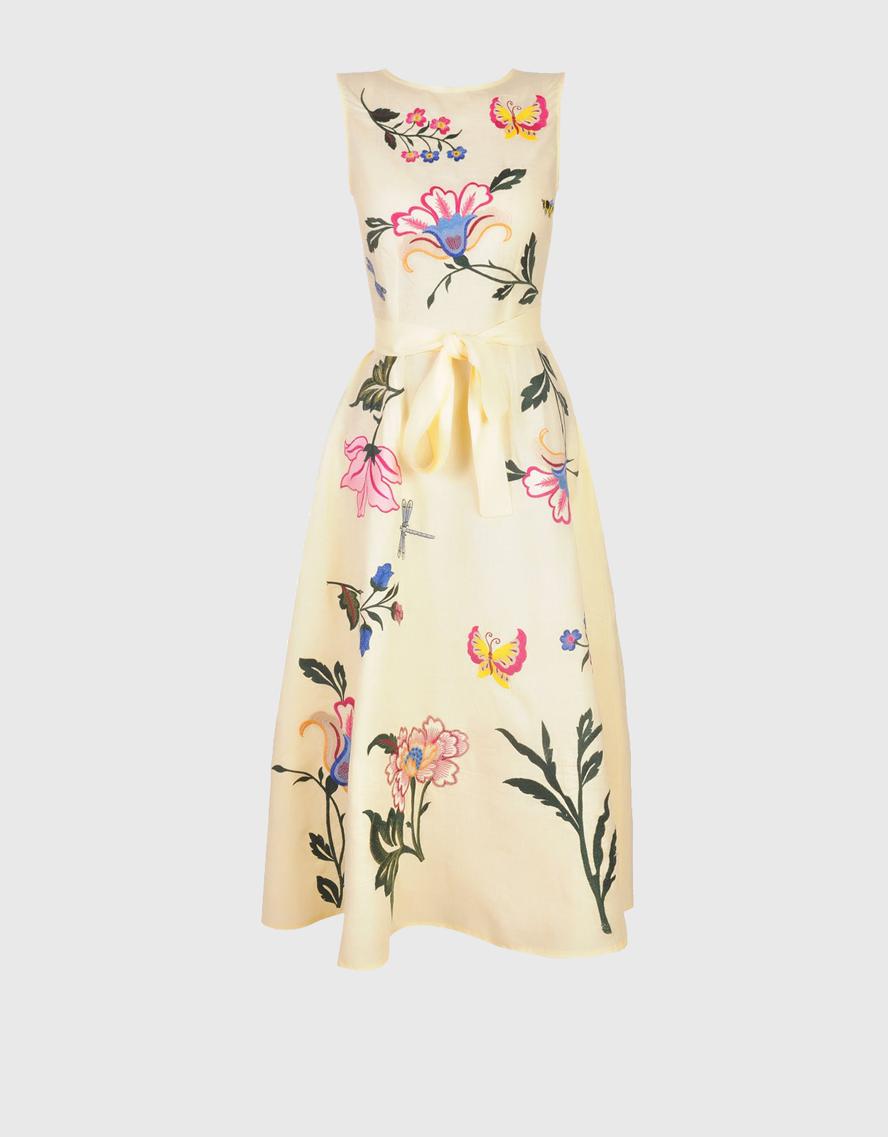 Fanm Mon Gloriosa Linen Floral Embroidery Sleeveless A Line Midi Dress-Light Yellow