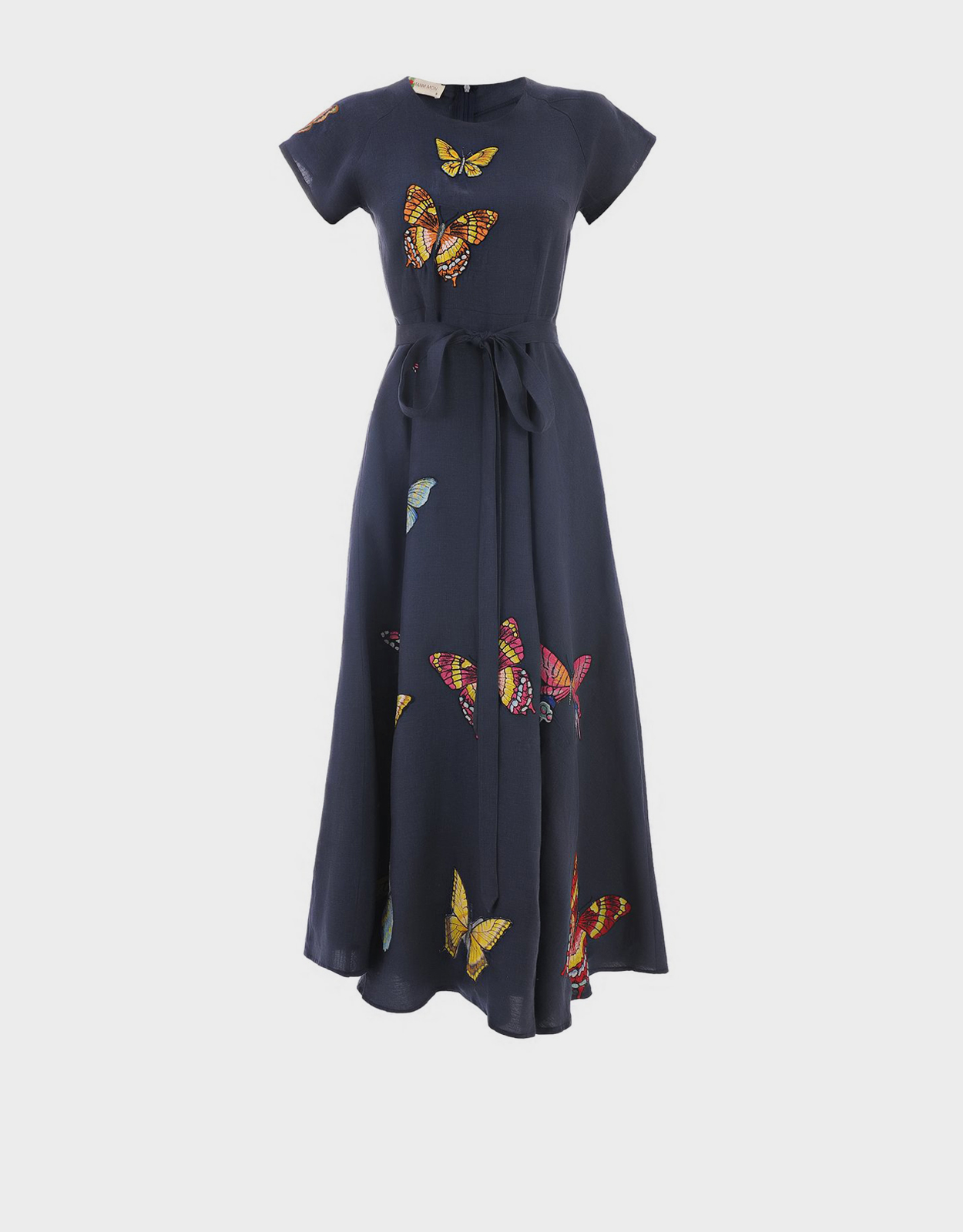 Fanm Mon Papiyon Linen Butterfly Embroidery Maxi Dress-Indigo Blue