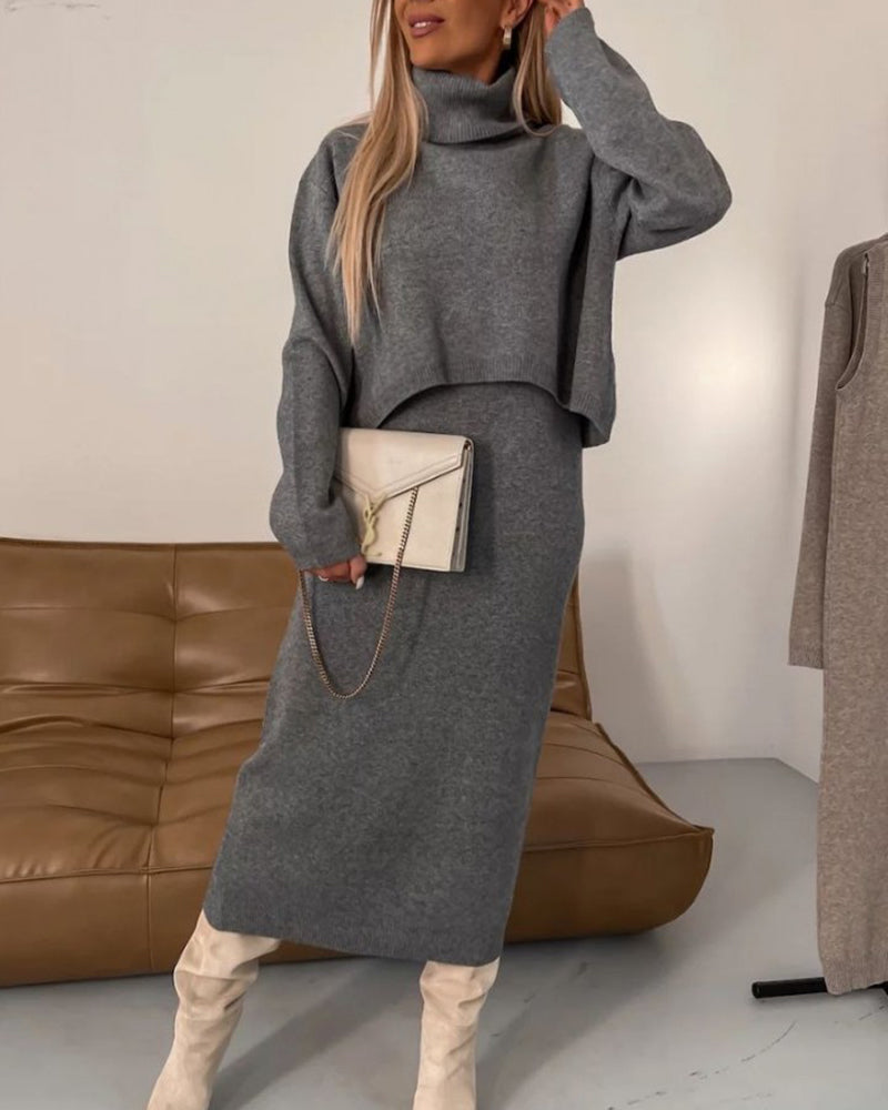 Elegant Two-piece Set Midi Dress and Turtle Neck Sweater Skirt Set - Grey S