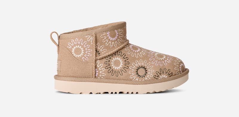 UGG® Kids' Classic Ultra Mini Sun Stitch Suede Classic Boots in Mustard Seed, Size K