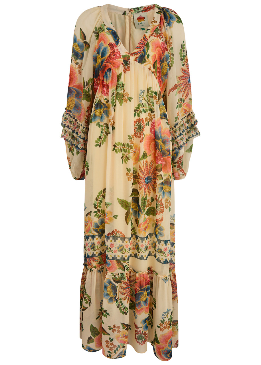 Farm Rio Delicate Garden Printed Chiffon Maxi Dress - Beige - L L