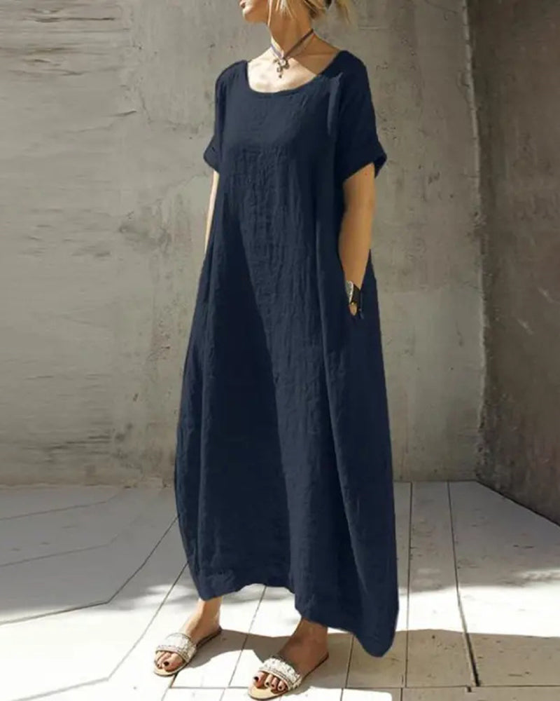 Round NeckKnee Length Summer Dress Casual Short Sleeves Loose Oversized Dress - Navy blue