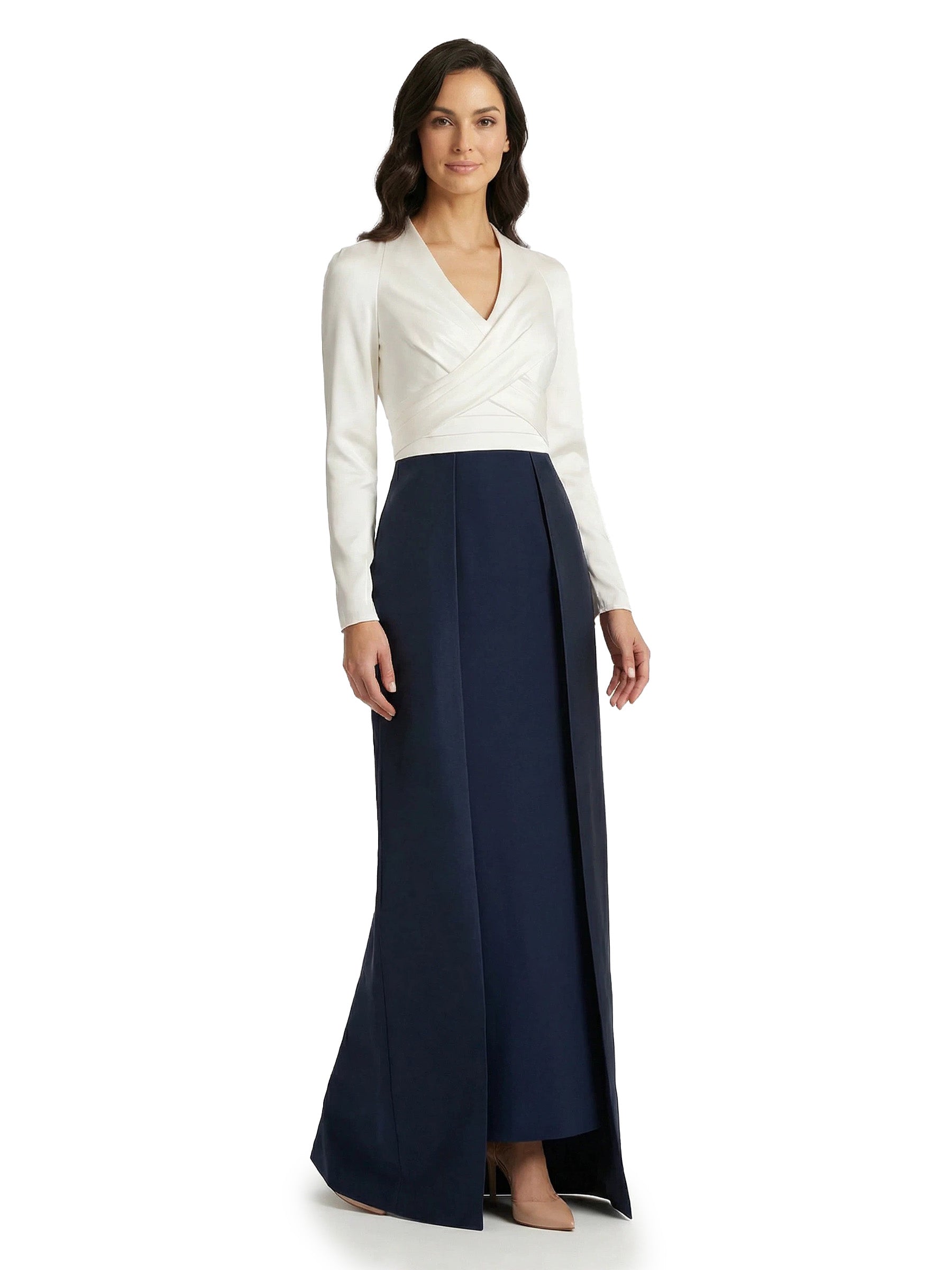 ChicSew Modern Satin V-Neck Long Sleeves Mother Of The Groom Overskirt Formal Evening Dress - Black&White
