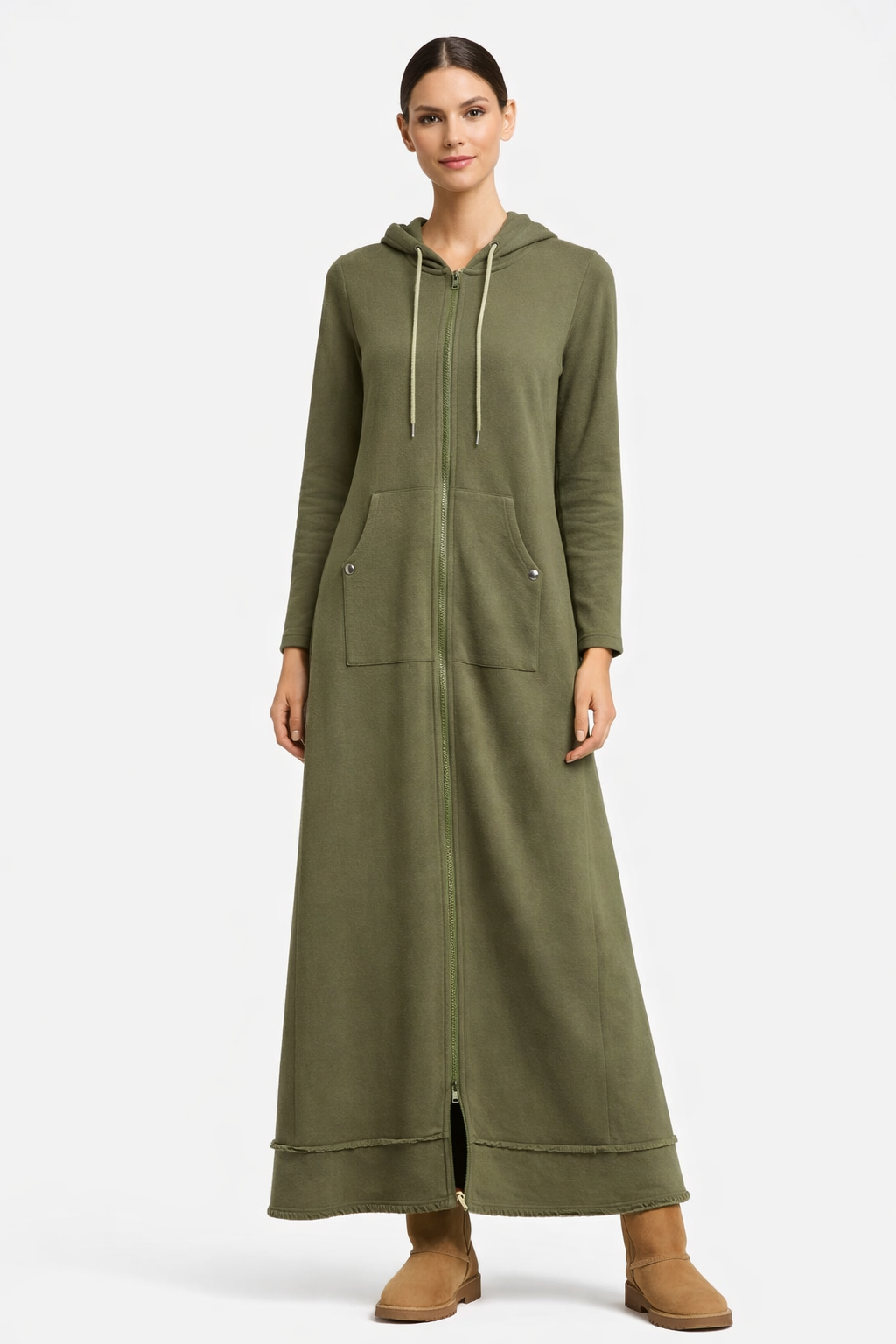 Maxi A-Line Hoodie Coat Dress in Black, Olive & Bordeaux - Olive Small