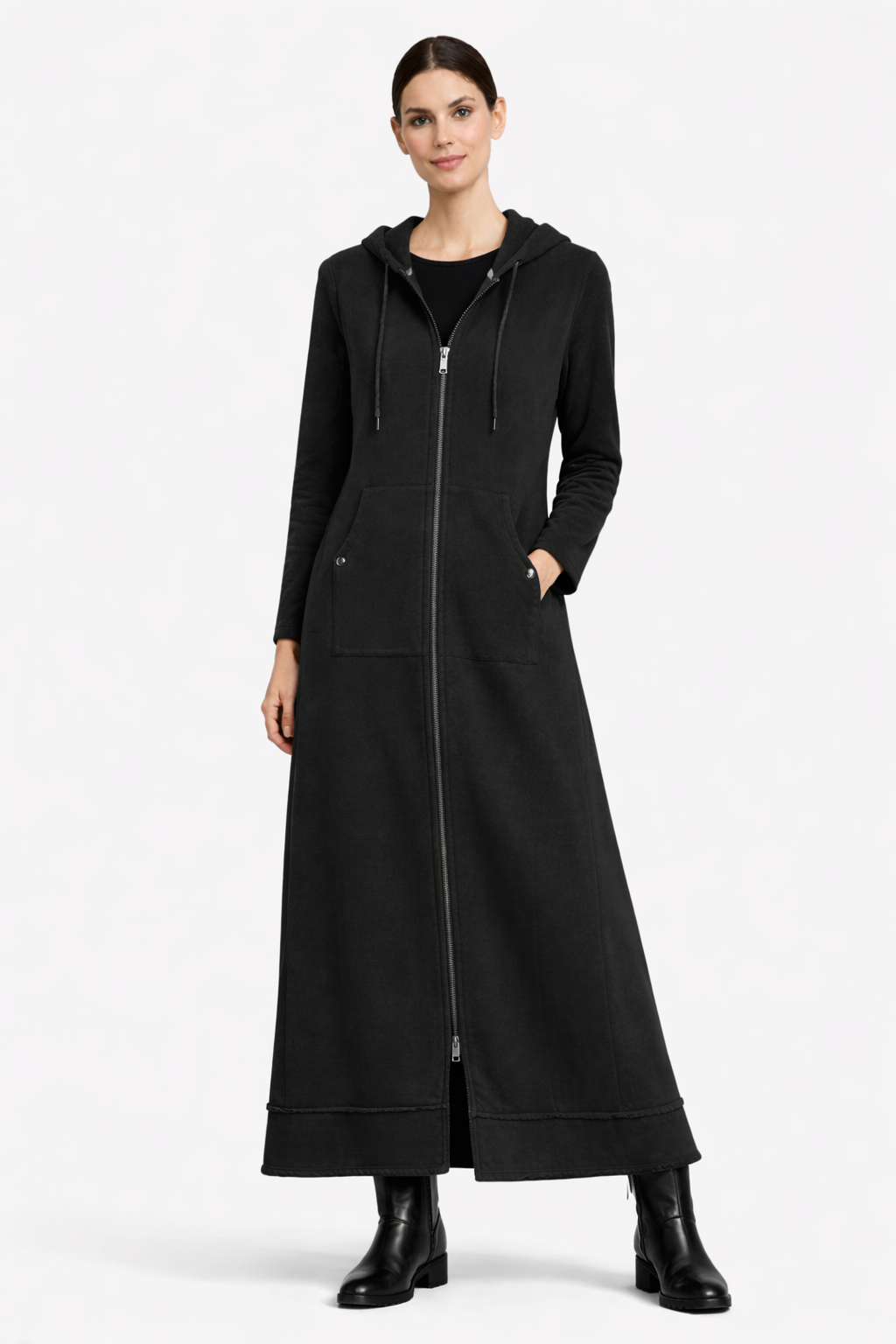 Maxi A-Line Hoodie Coat Dress in Black, Olive & Bordeaux - Black Small