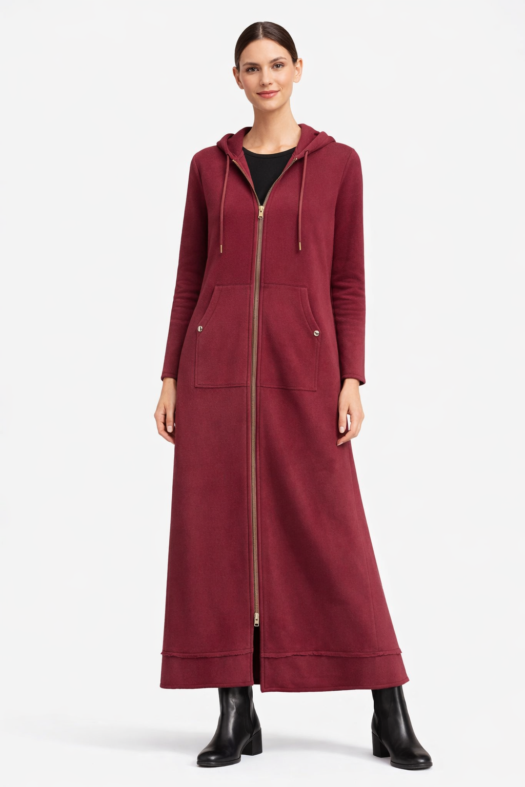 Maxi A-Line Hoodie Coat Dress in Black, Olive & Bordeaux - Bordeaux Small