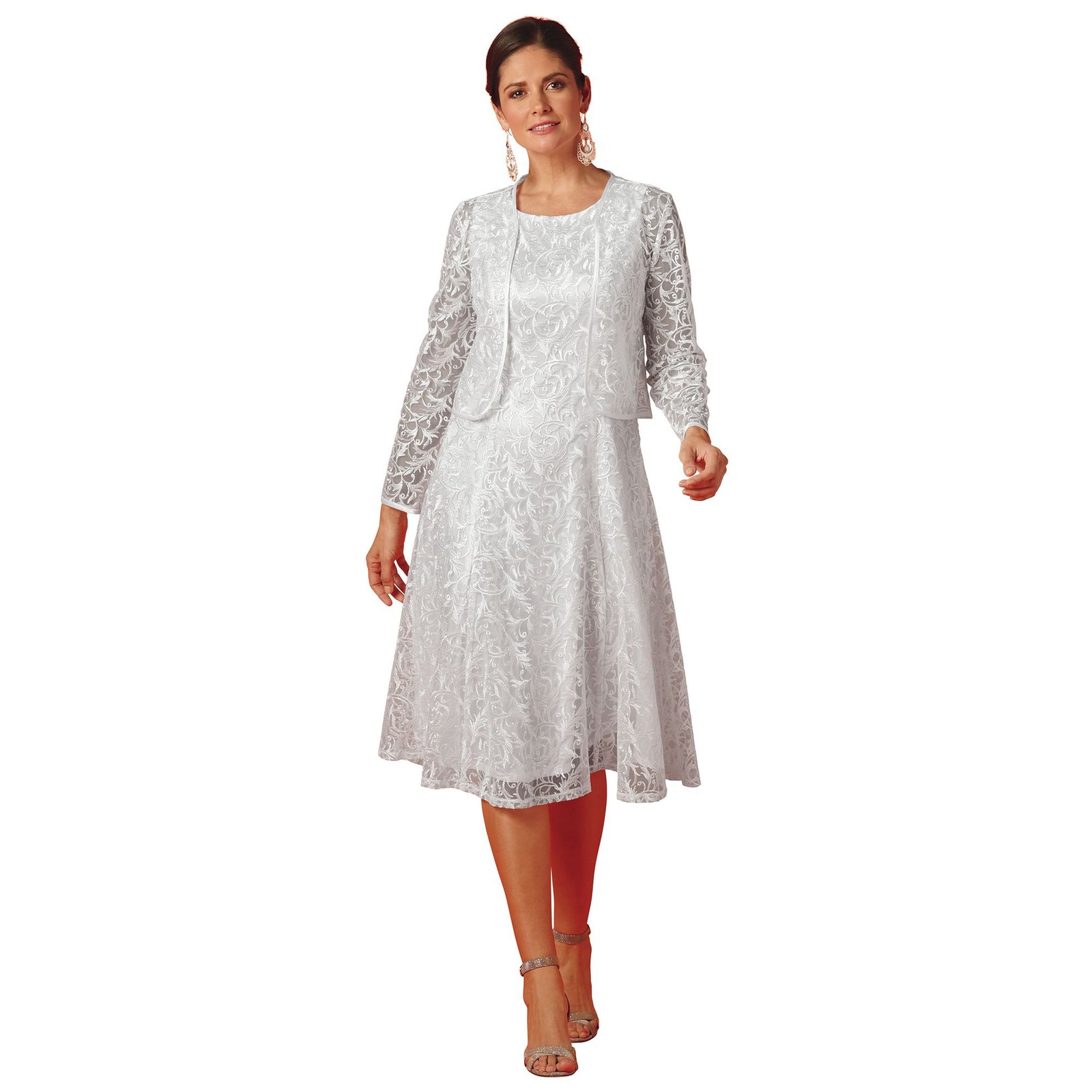 Masseys Lace Dress and Jacket Suit White Suits