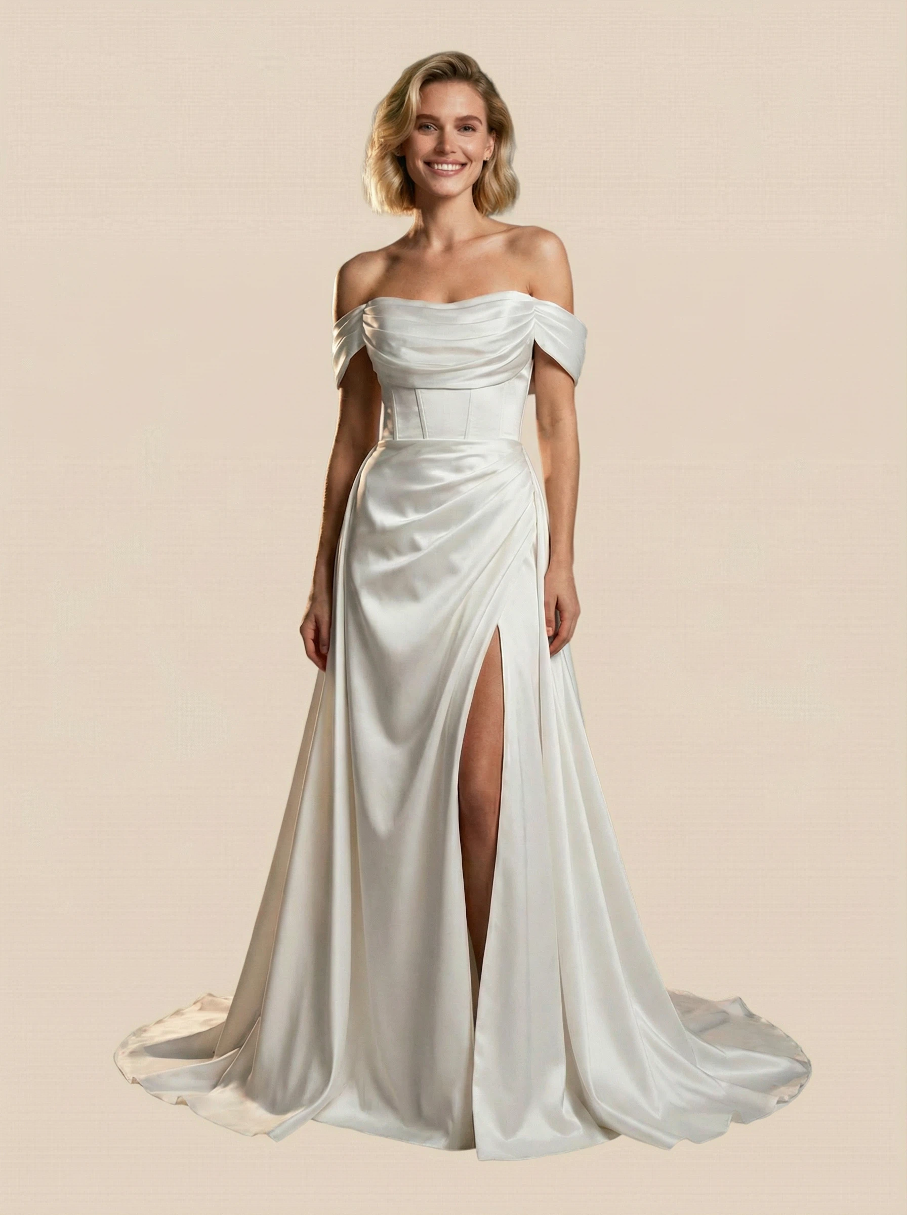 A-Line Off The Shoulder Boning Side Slit Maxi Long Satin Wedding Dresses With Detachable Skirt