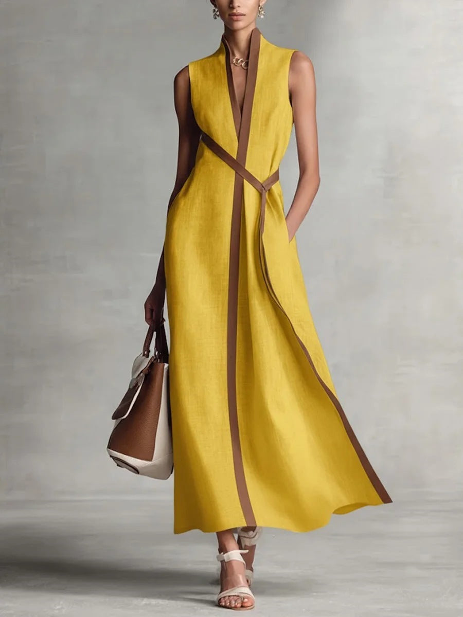 Women's Color Block Sleeveless Stand Collar Linen Blend Dress - Yellow